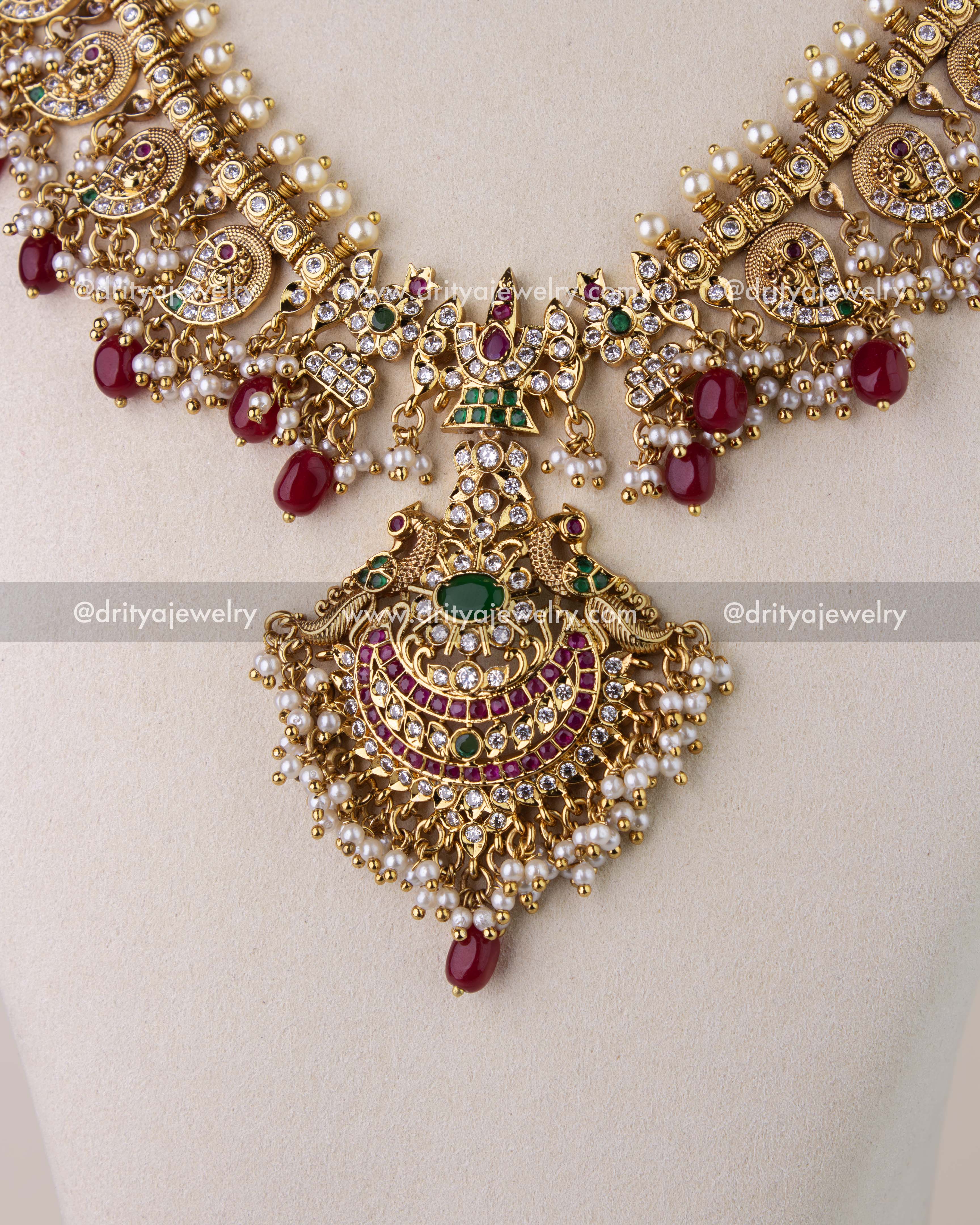 Premium Mango Design Ruby Long Necklace Set