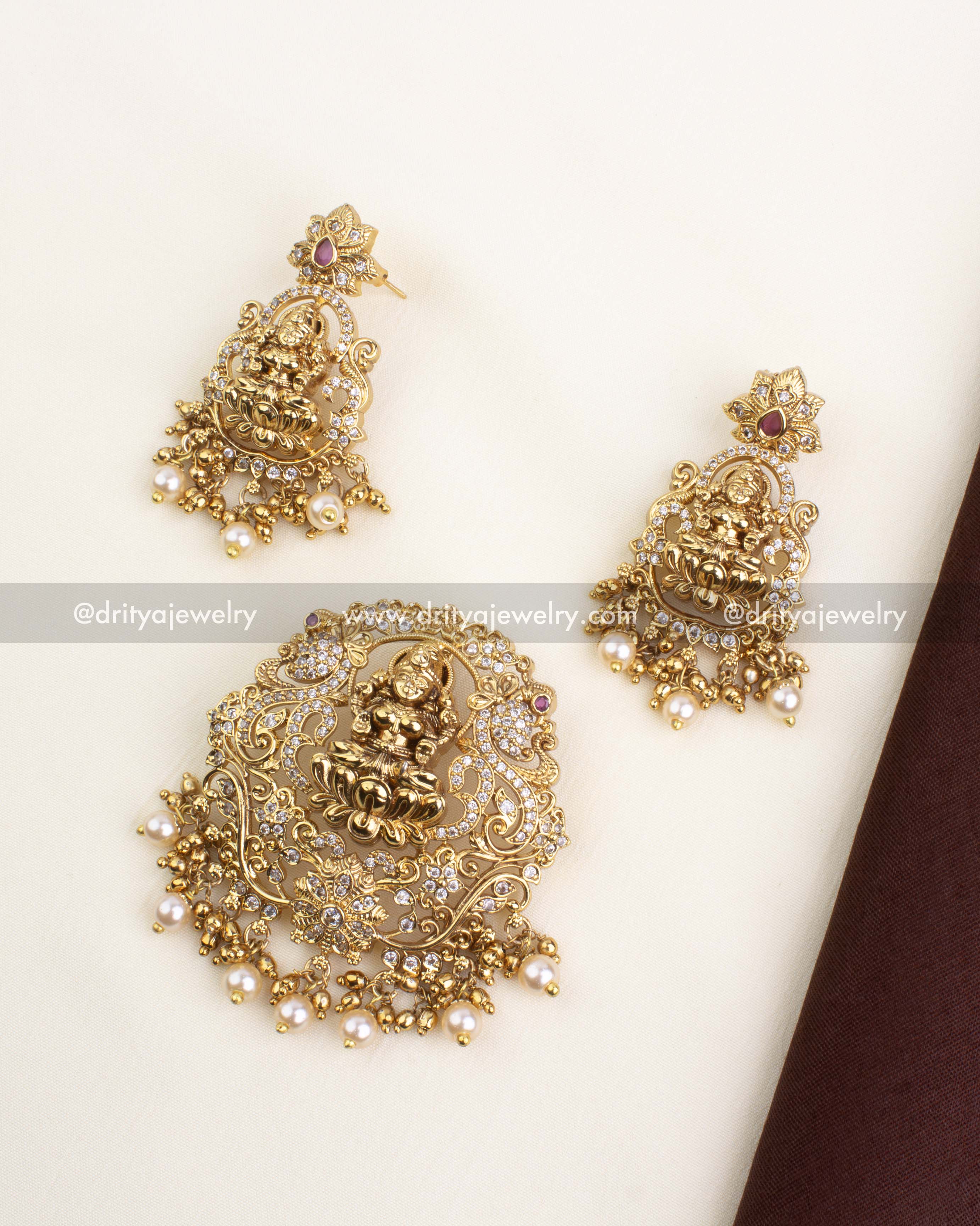 Full view of temple pendant set with Lakshmi motif and CZ detailing