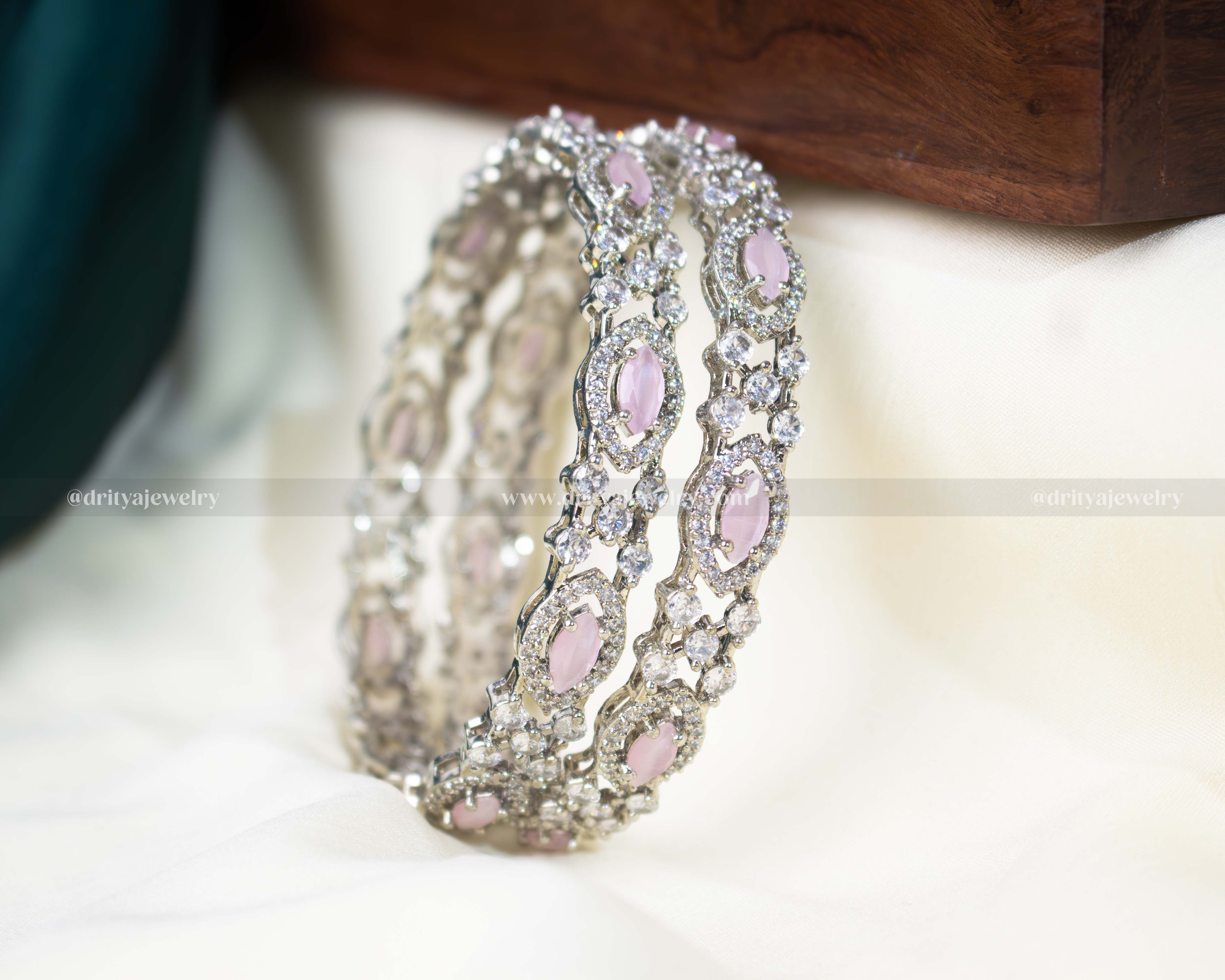 Close-up view of Pink CZ Bangles highlighting the detailed cubic zirconia work and seamless clasp design by Dritya Jewelry.