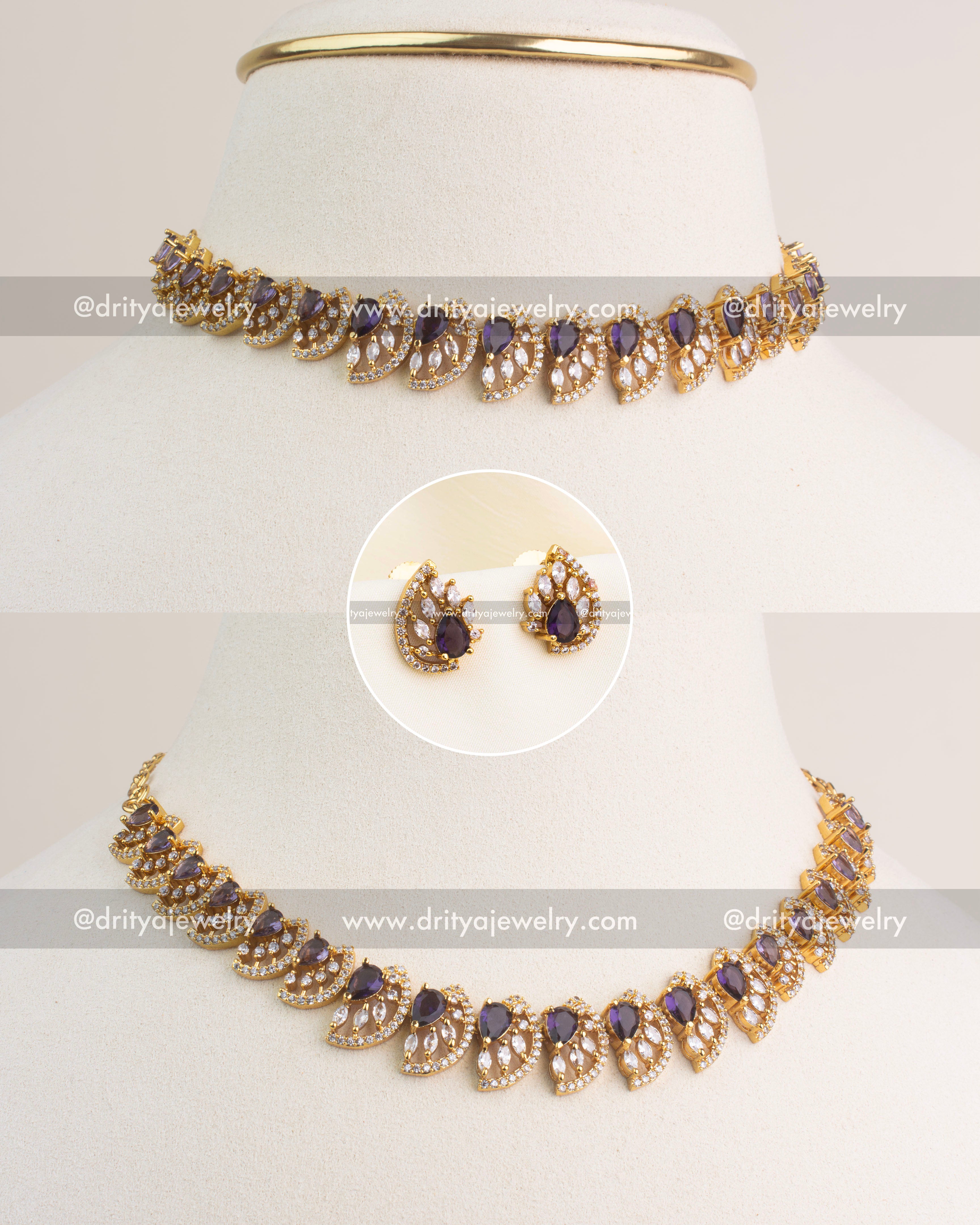 Purple CZ short necklace with gold polish and matching stud earrings.
