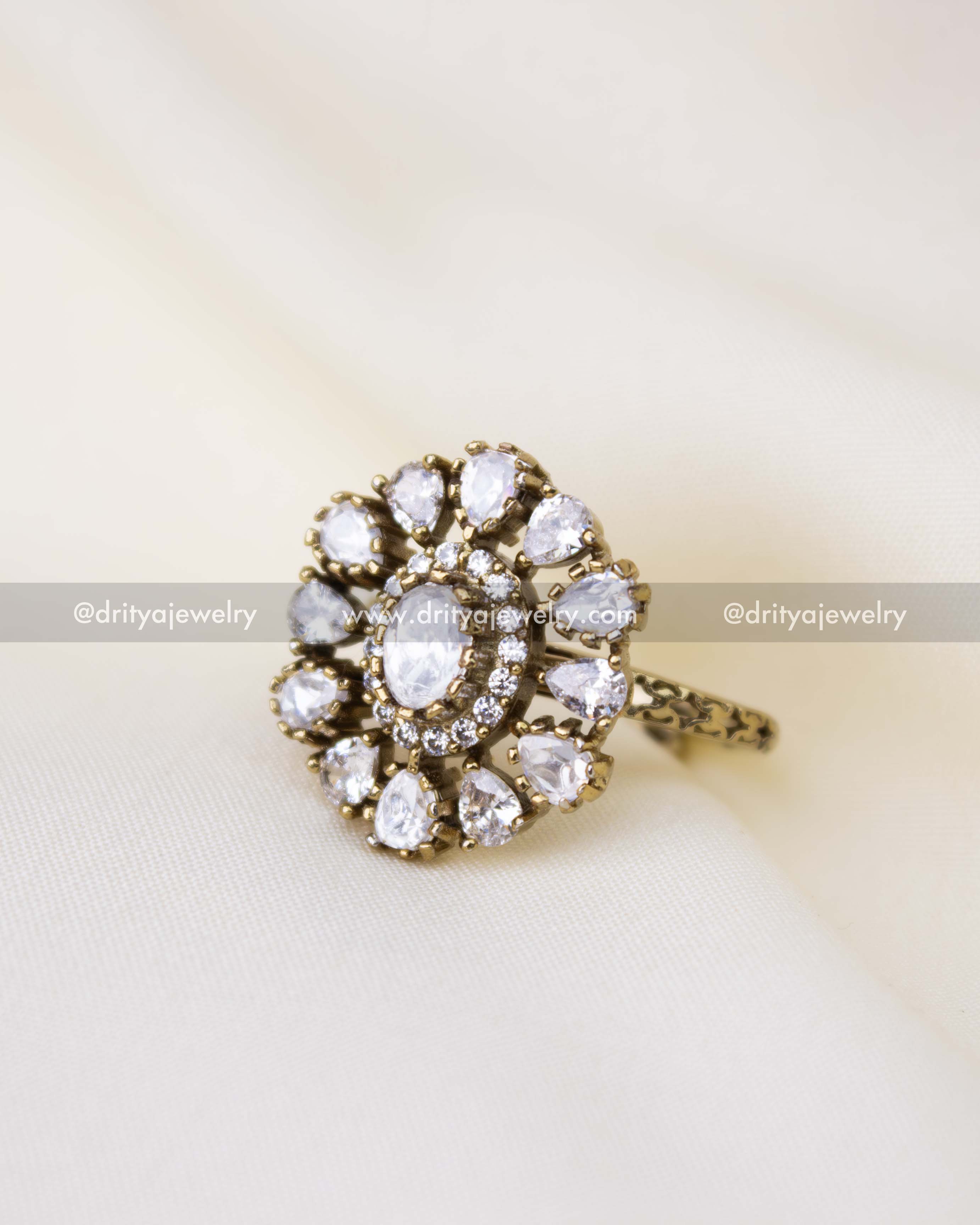 Victorian polish finger ring with white kundan stones and floral statement design
