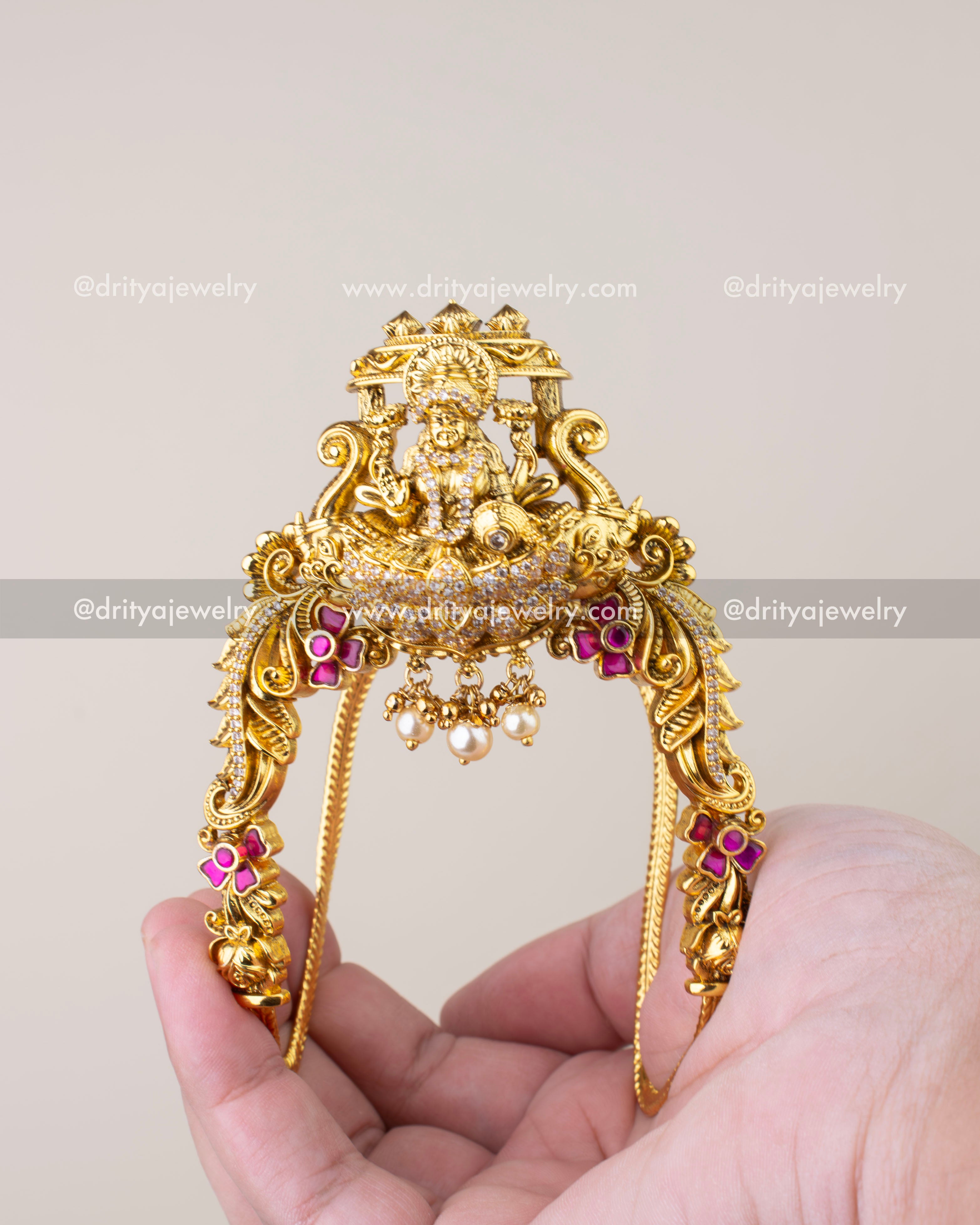 Temple vanki armlet with Goddess Lakshmi motif, Kemp stones, and antique gold finish