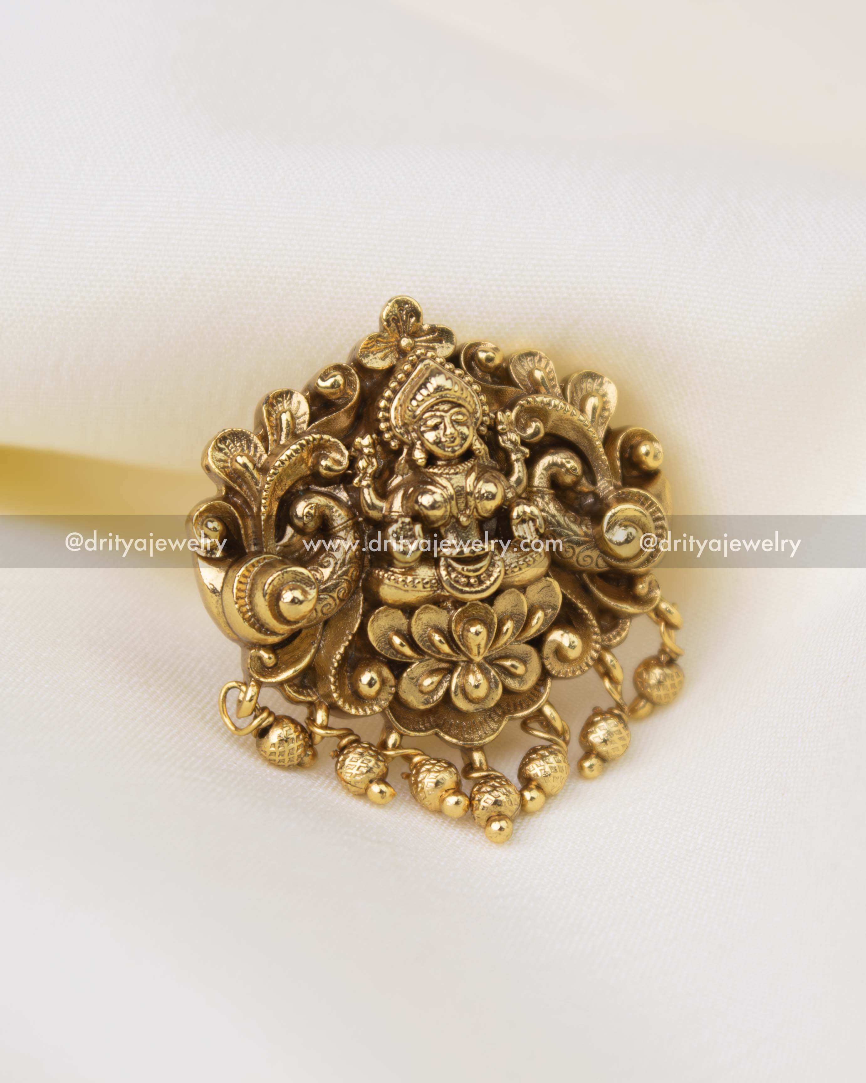 Antique gold temple statement ring with Nakshi detailing and designer gold bead hangings