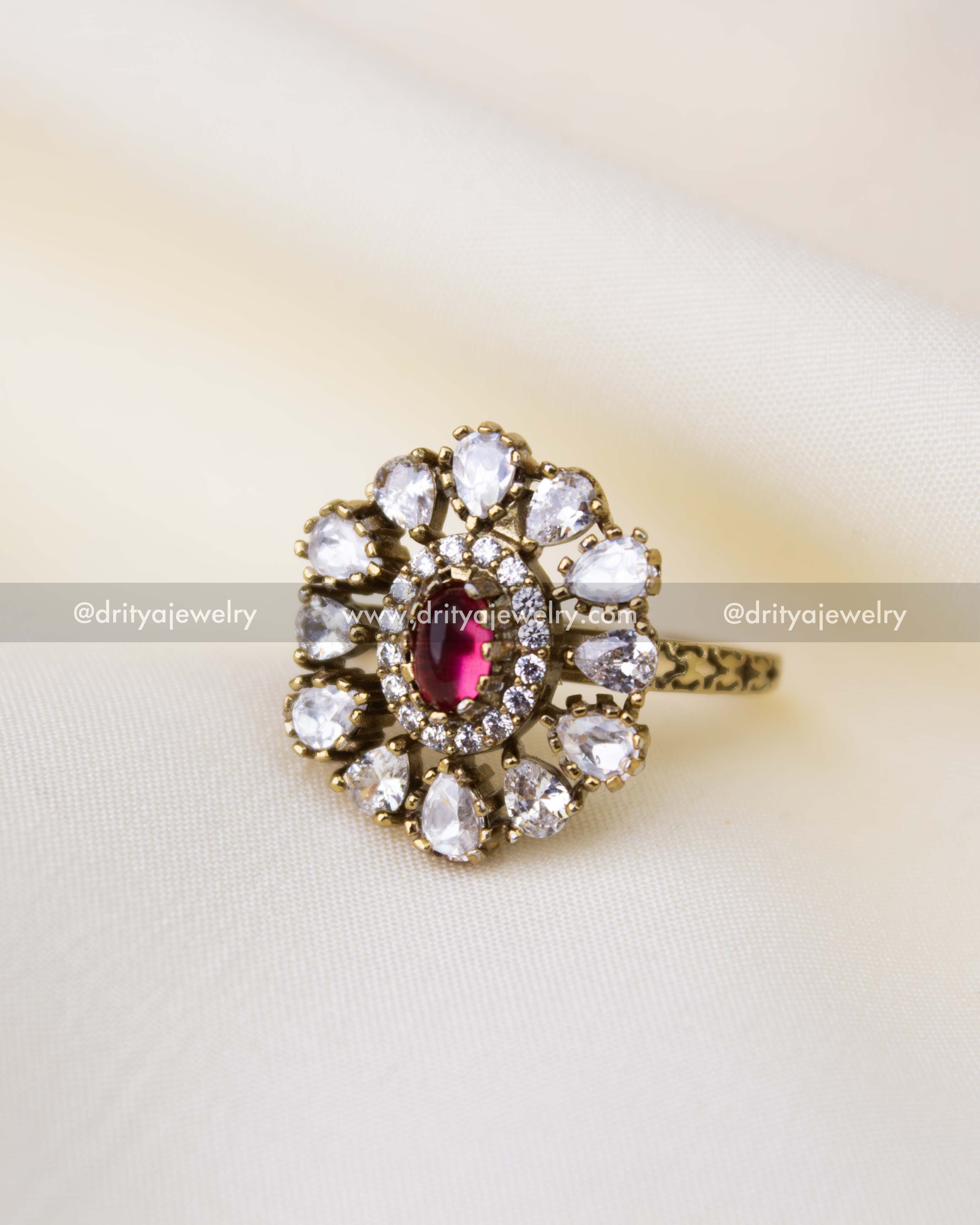 Victorian polish floral kundan finger ring with ruby red center stone