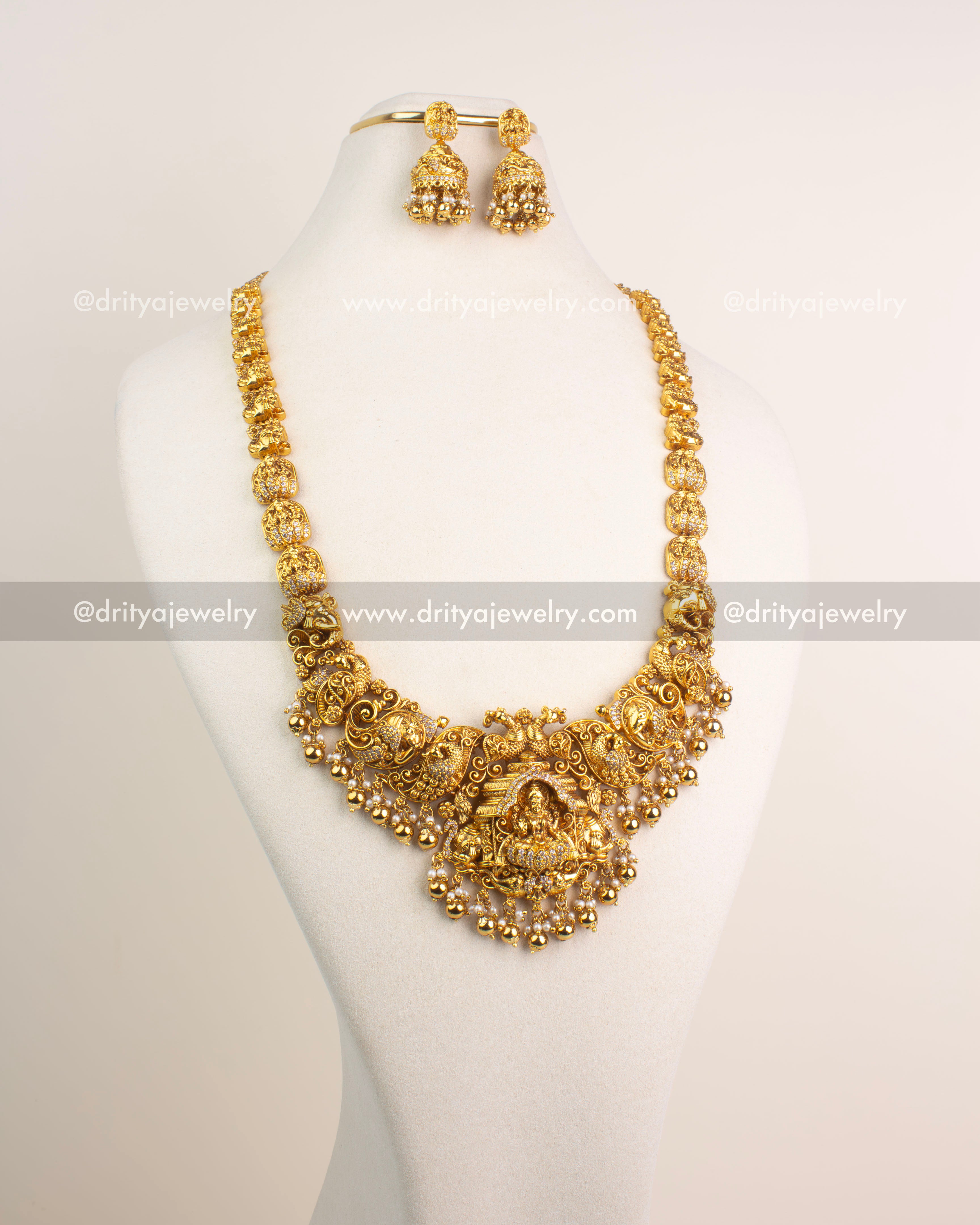 Premium Temple Long Necklace Set with Nakshi Detailing