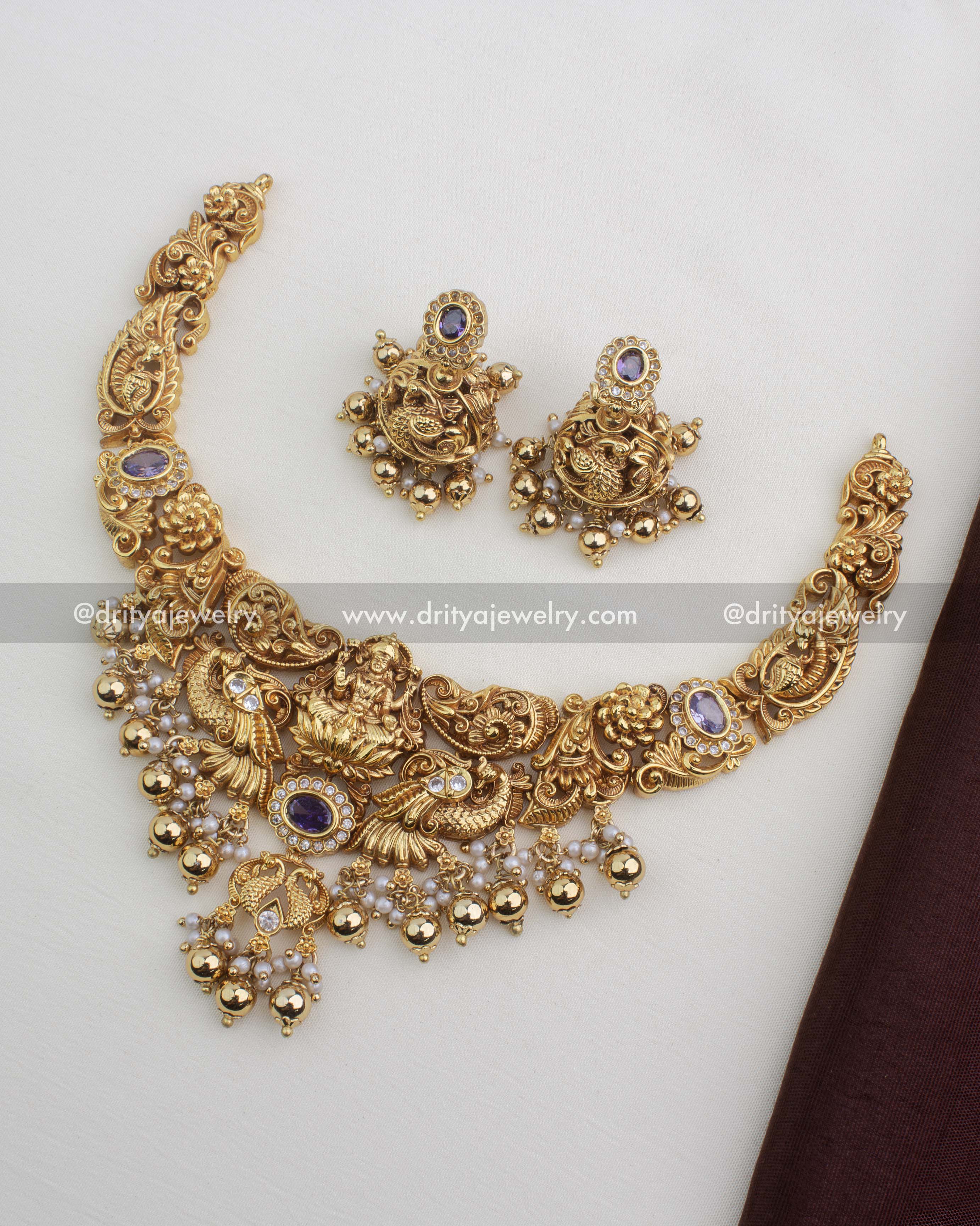 Premium Temple Short Necklace Set with Goddess Lakshmi Motif