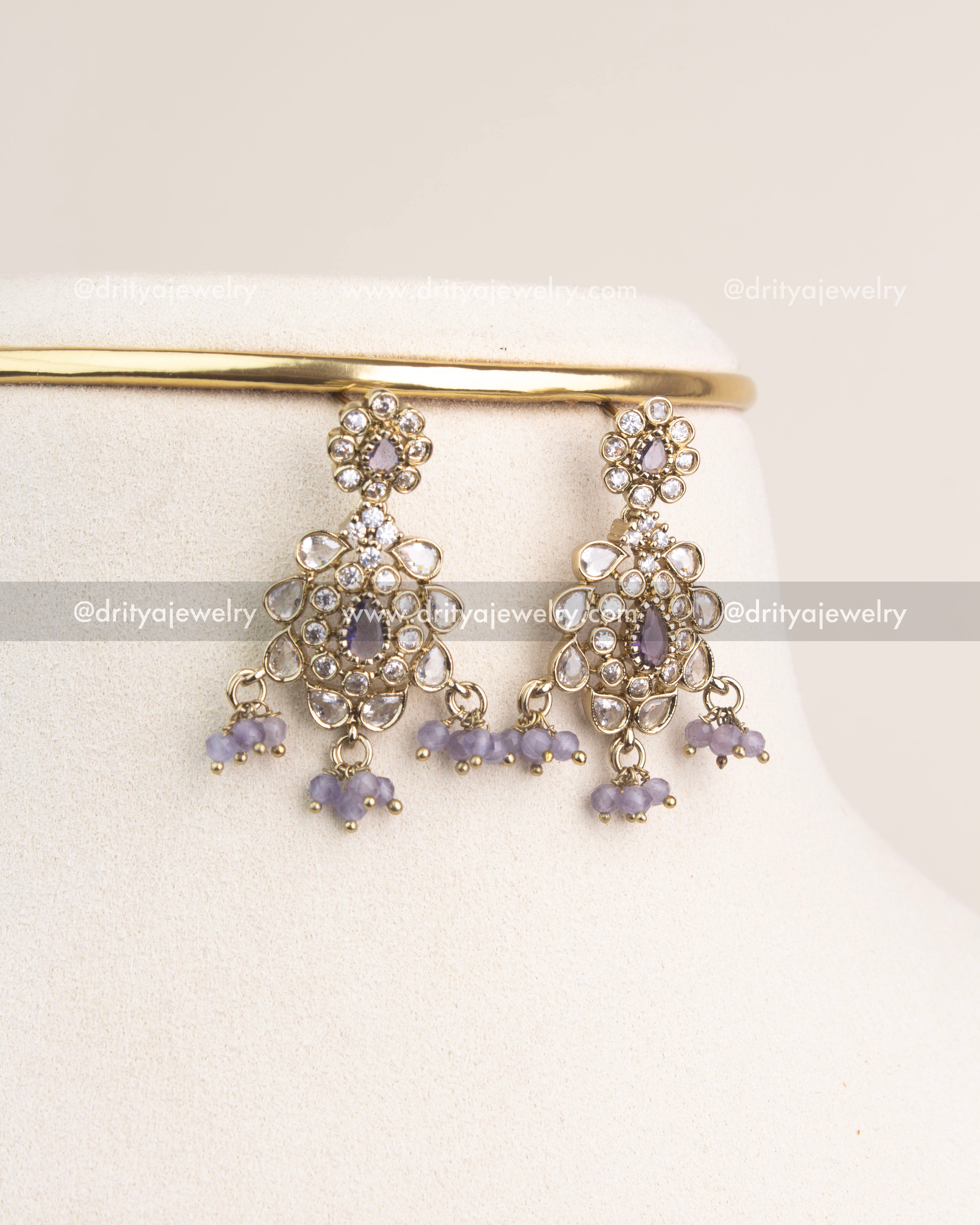 Matching Victorian earrings with lilac beads and CZ-encrusted design.