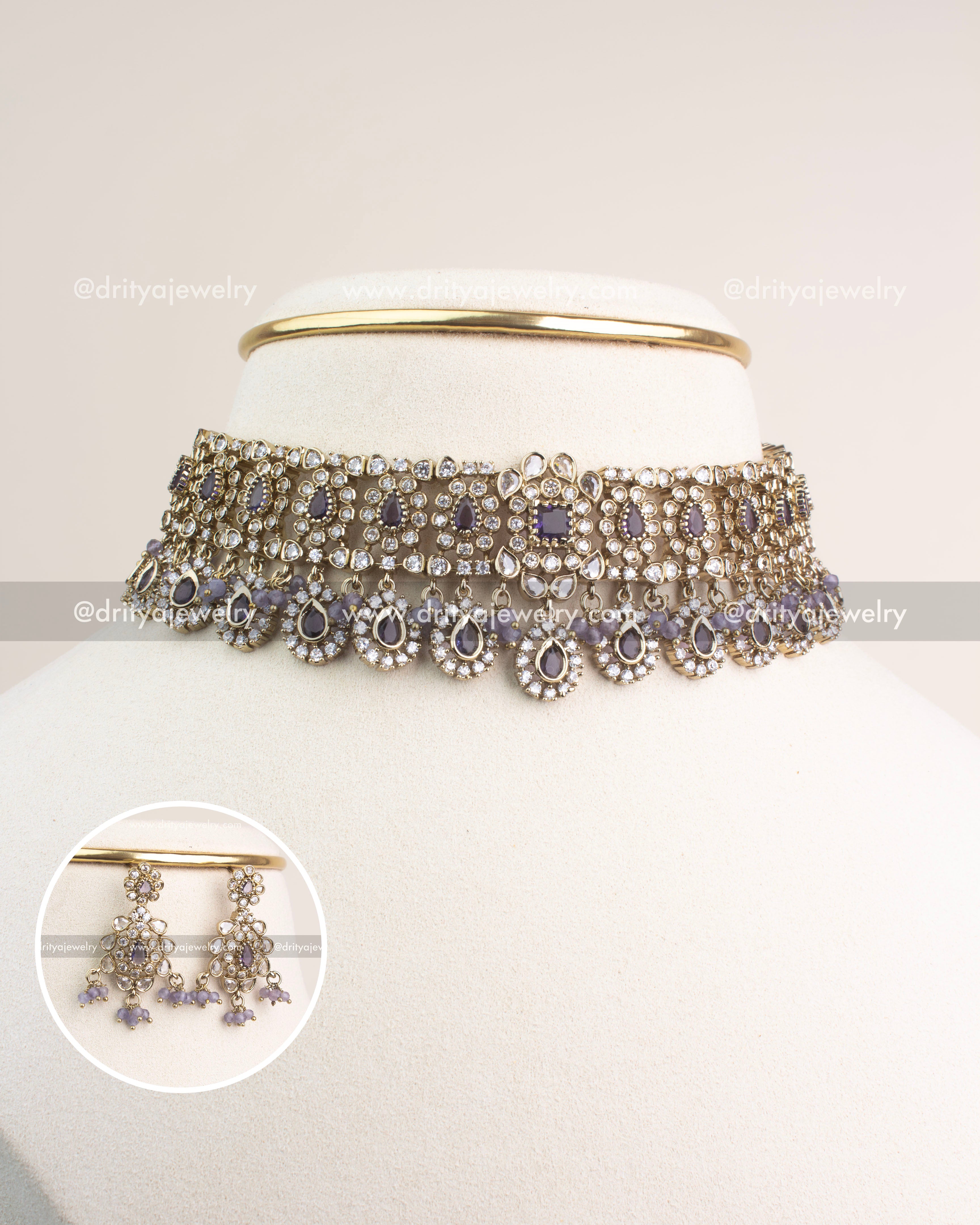 Victorian-style choker with purple teardrop stones, CZ detailing, and lilac beads.