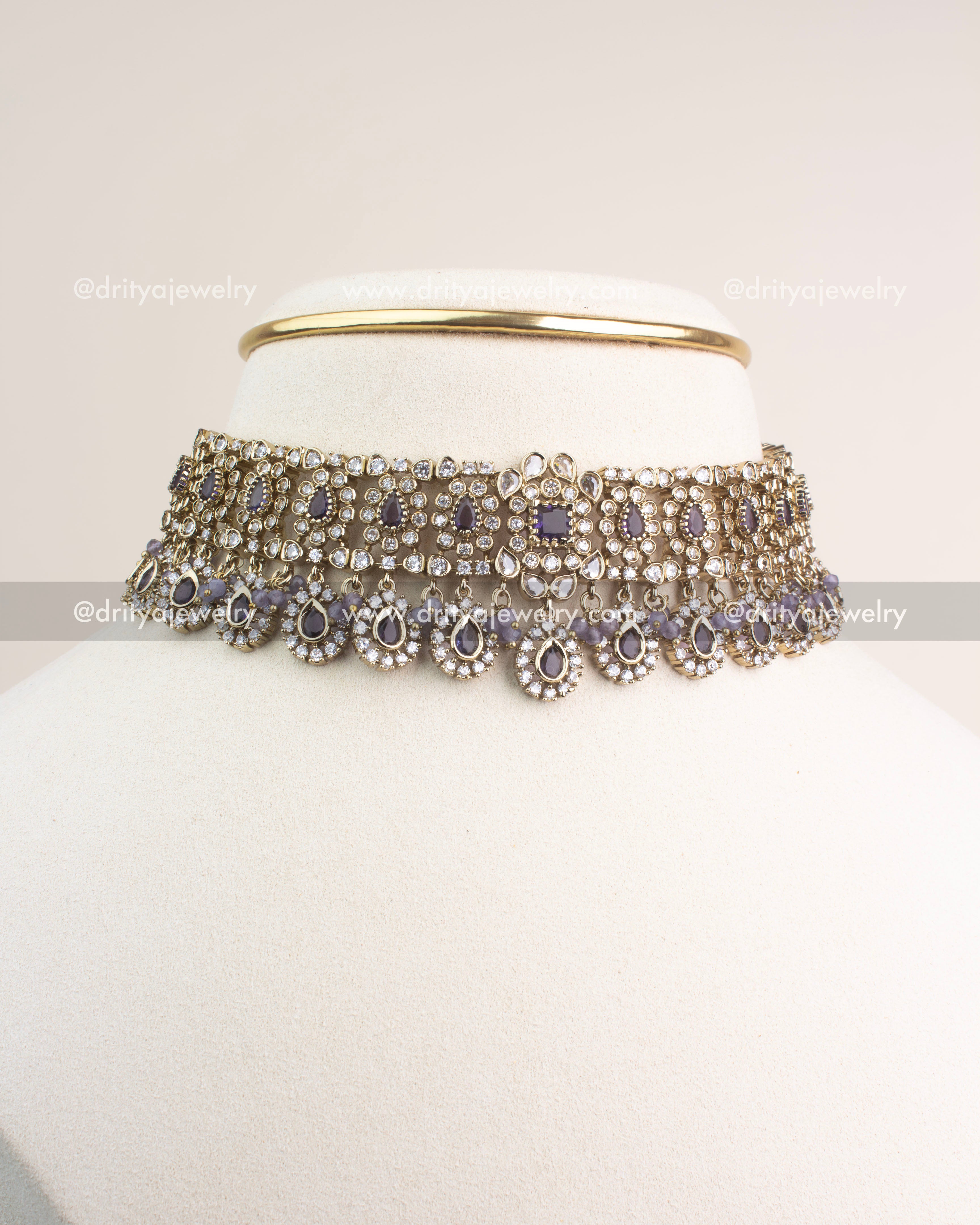 Victorian-style choker with purple teardrop stones, CZ detailing, and lilac beads.