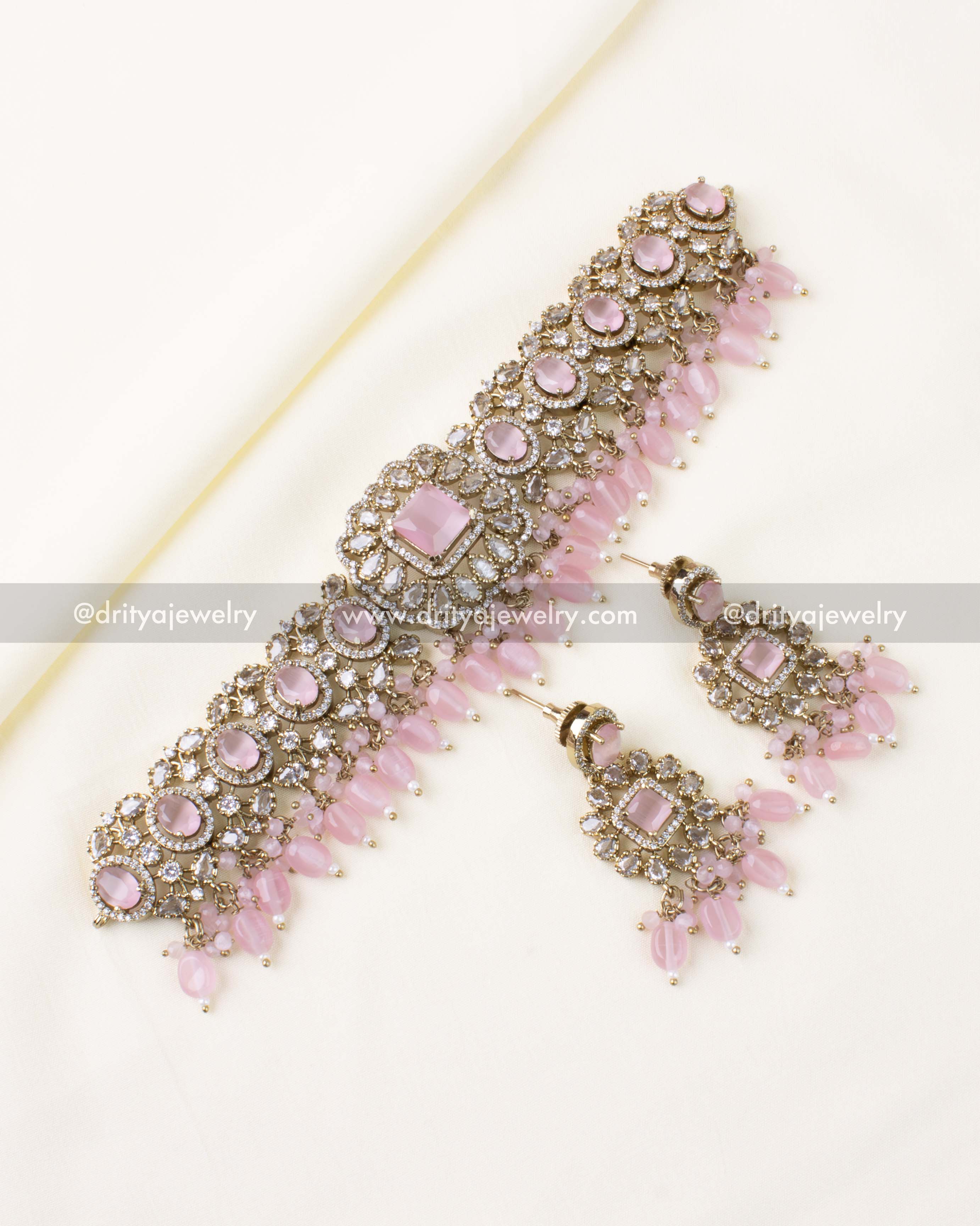Blush pink Victorian choker set with matching earrings and detailed AD stonework.