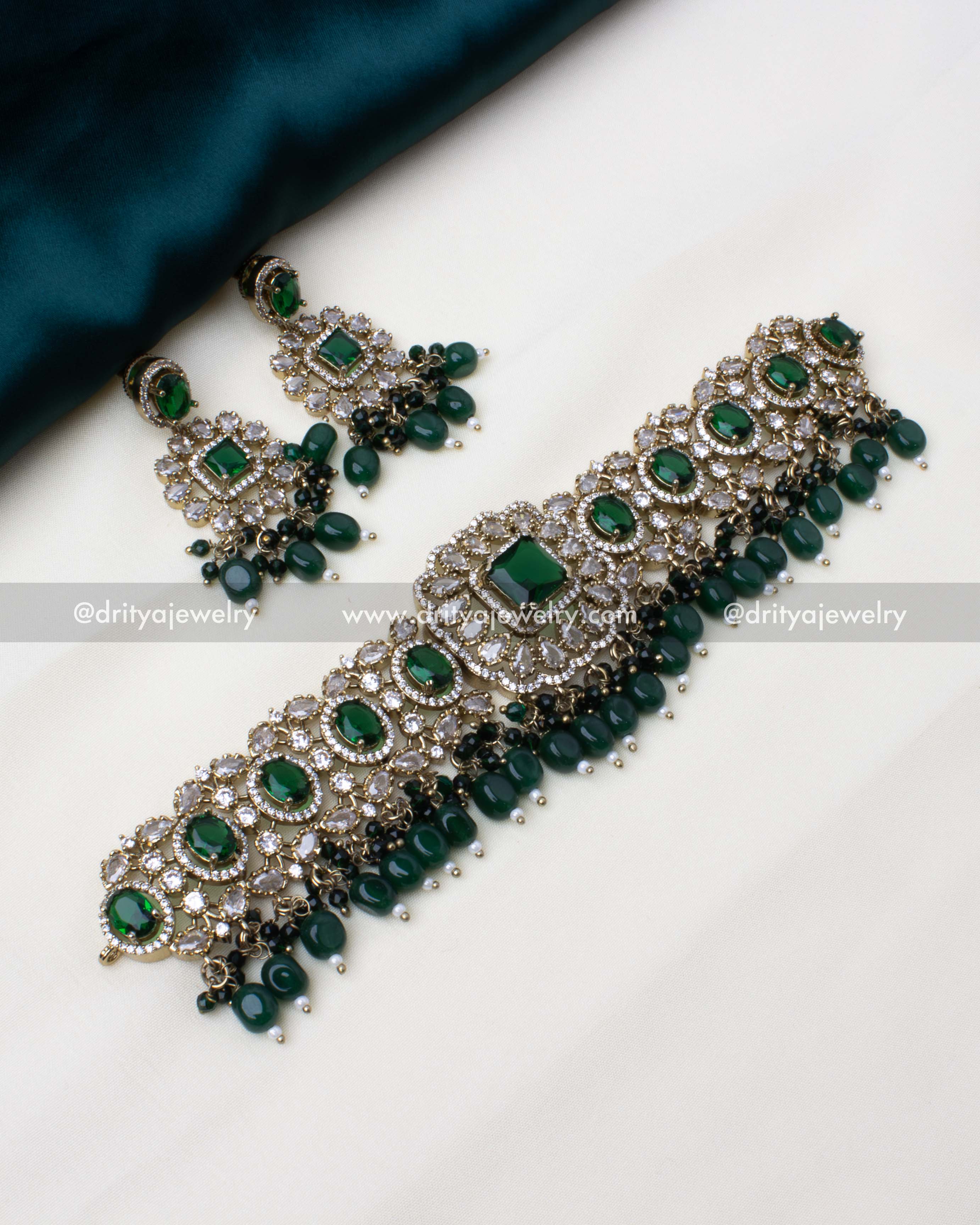 Victorian-style choker set with emerald beads and sparkling American Diamonds.