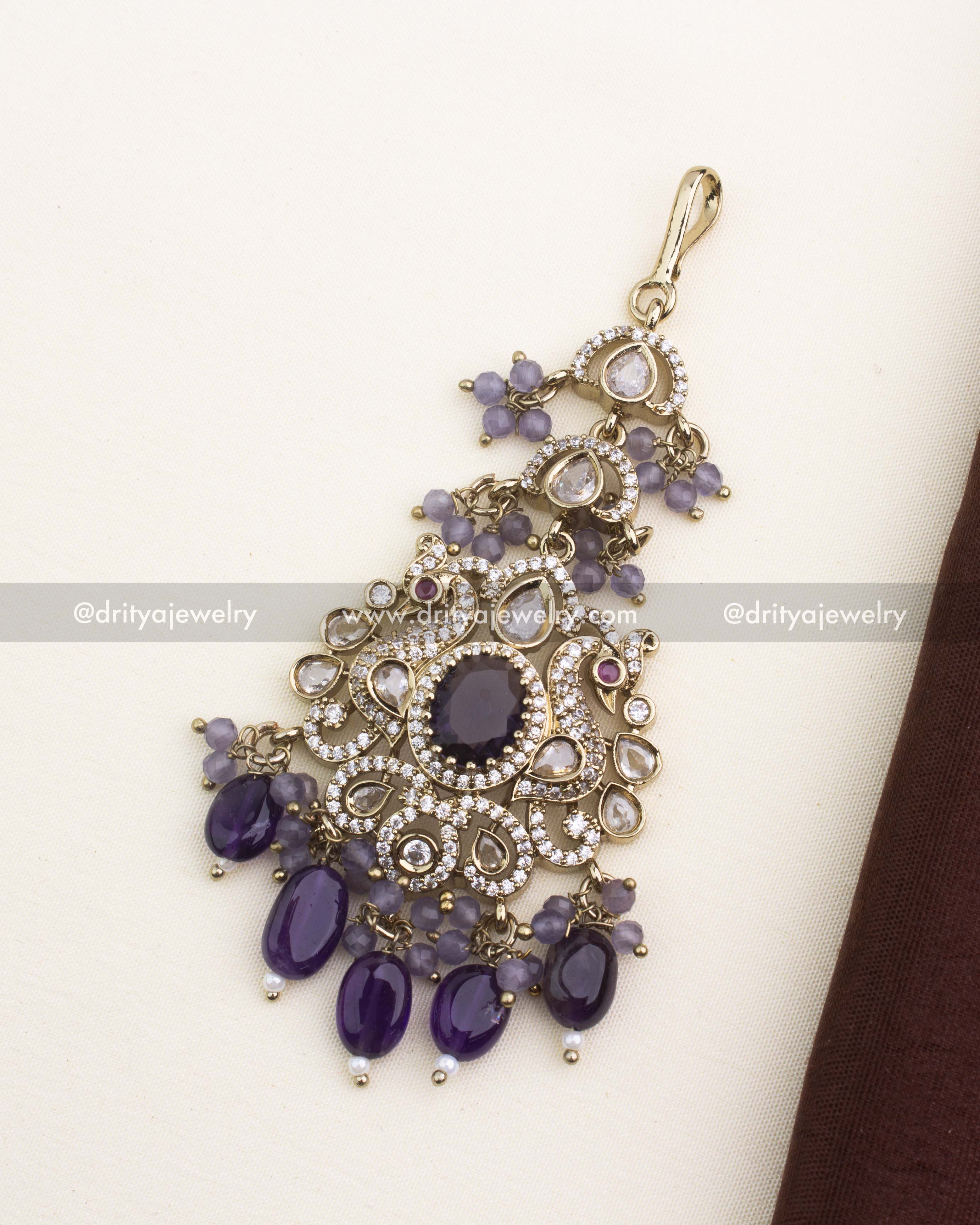Victorian bridal maang tikka in deep purple with kundan stones and bead droplets