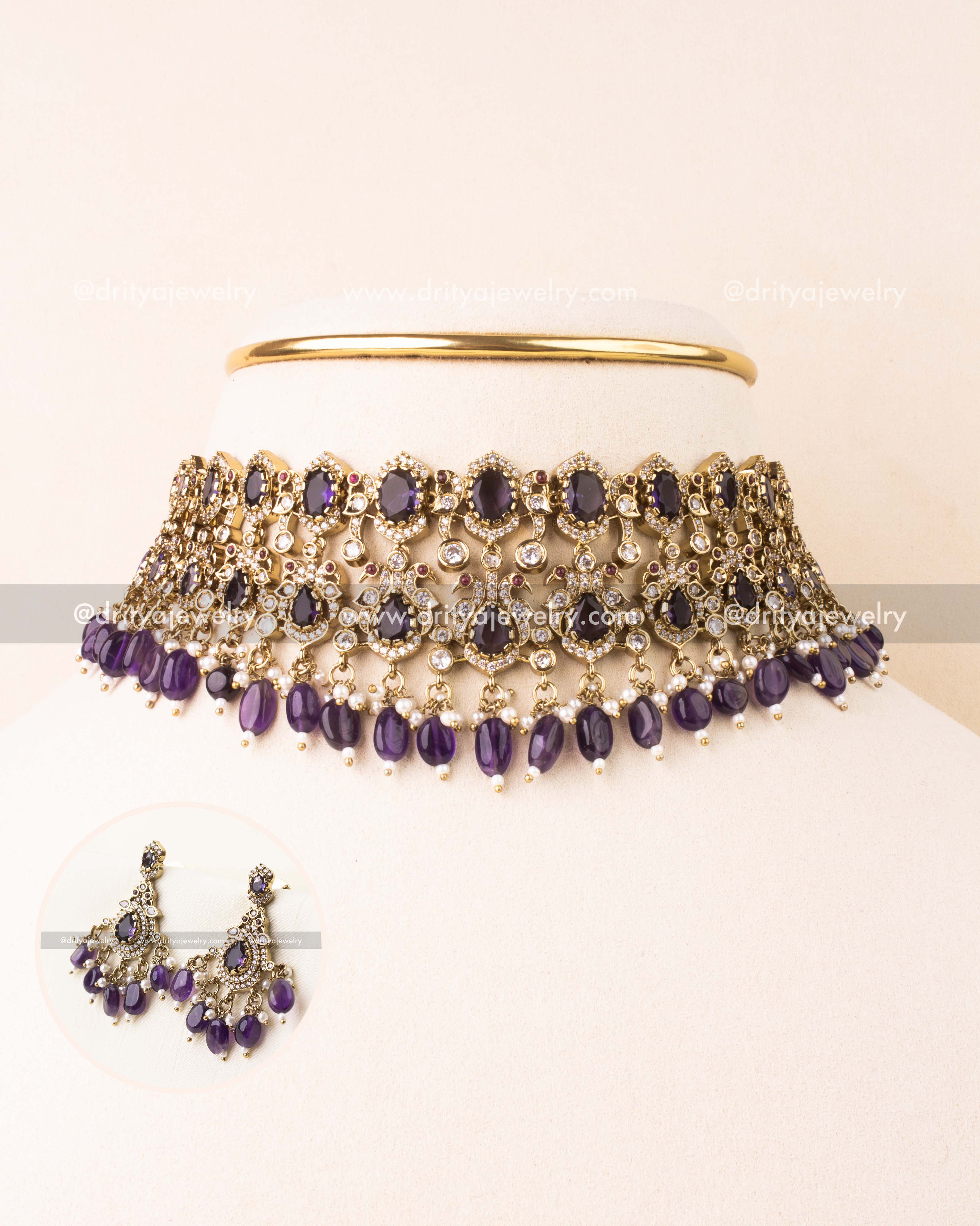Purple bead drop Victorian choker set with dazzling stones.