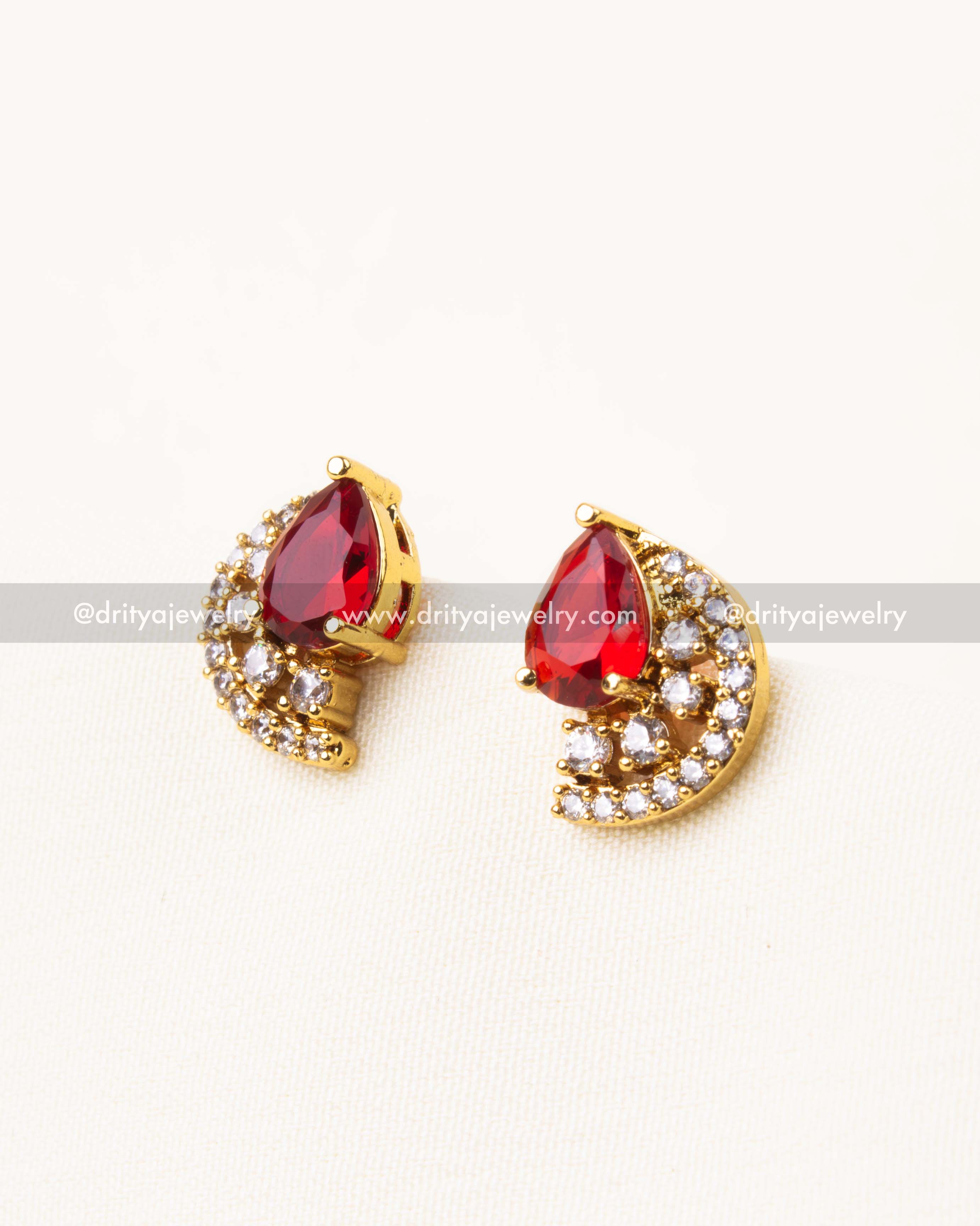 Ruby Red CZ Stud Earrings with Diamond-Alike Halo