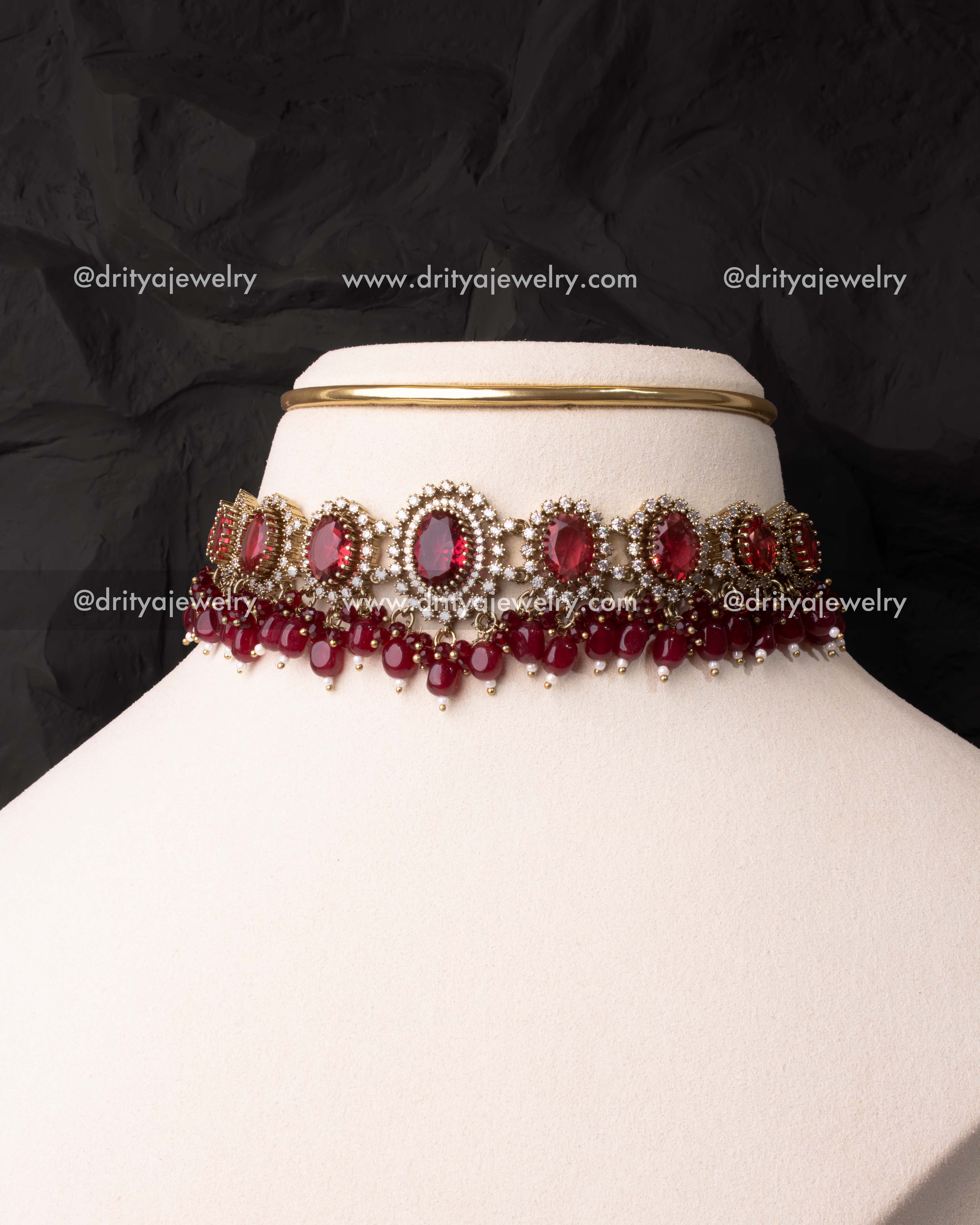 Victorian choker with deep red stones and ruby beads