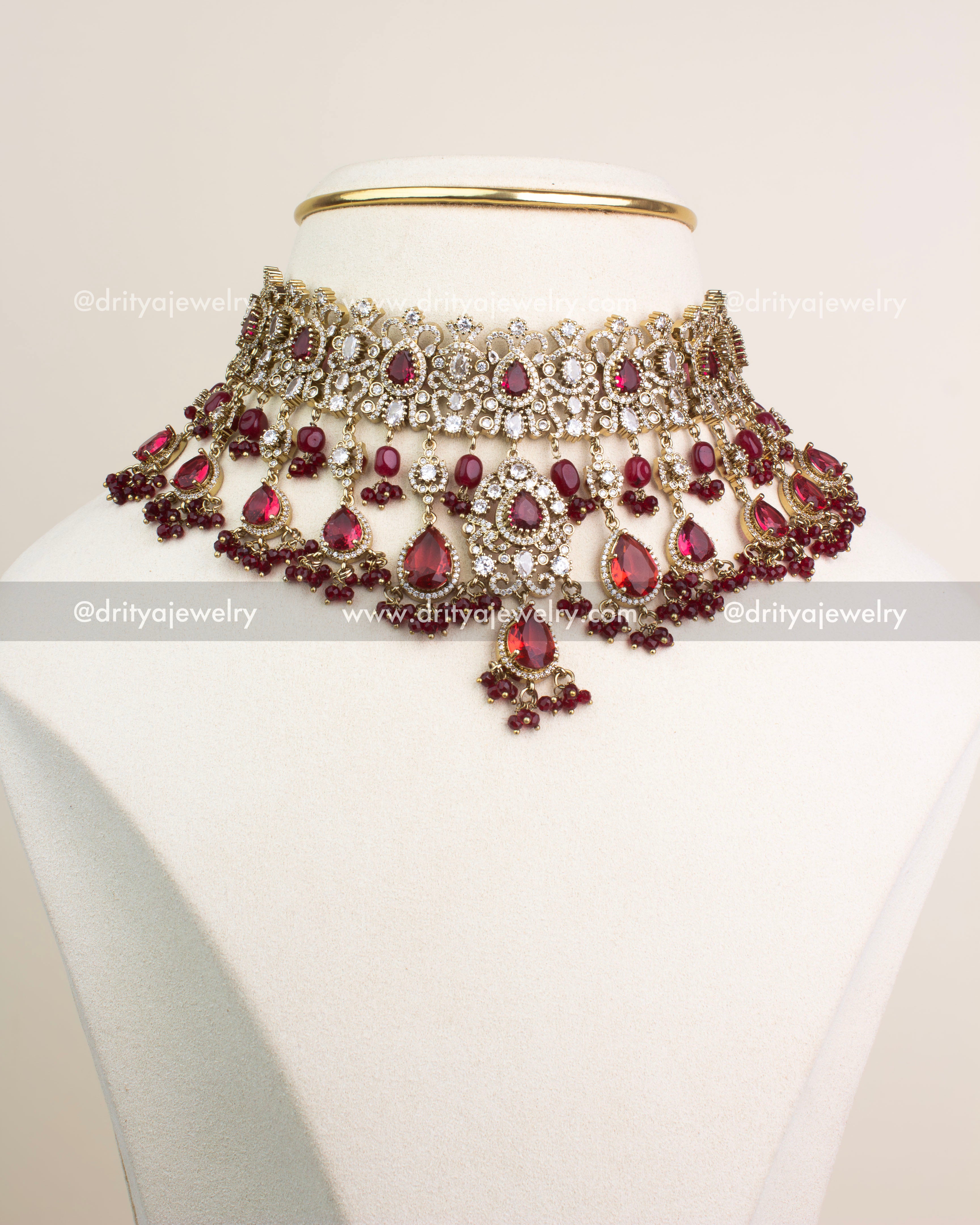 Premium Victorian Bridal Choker Set with Ruby Red stones, intricate white CZ accents, and bead drops.