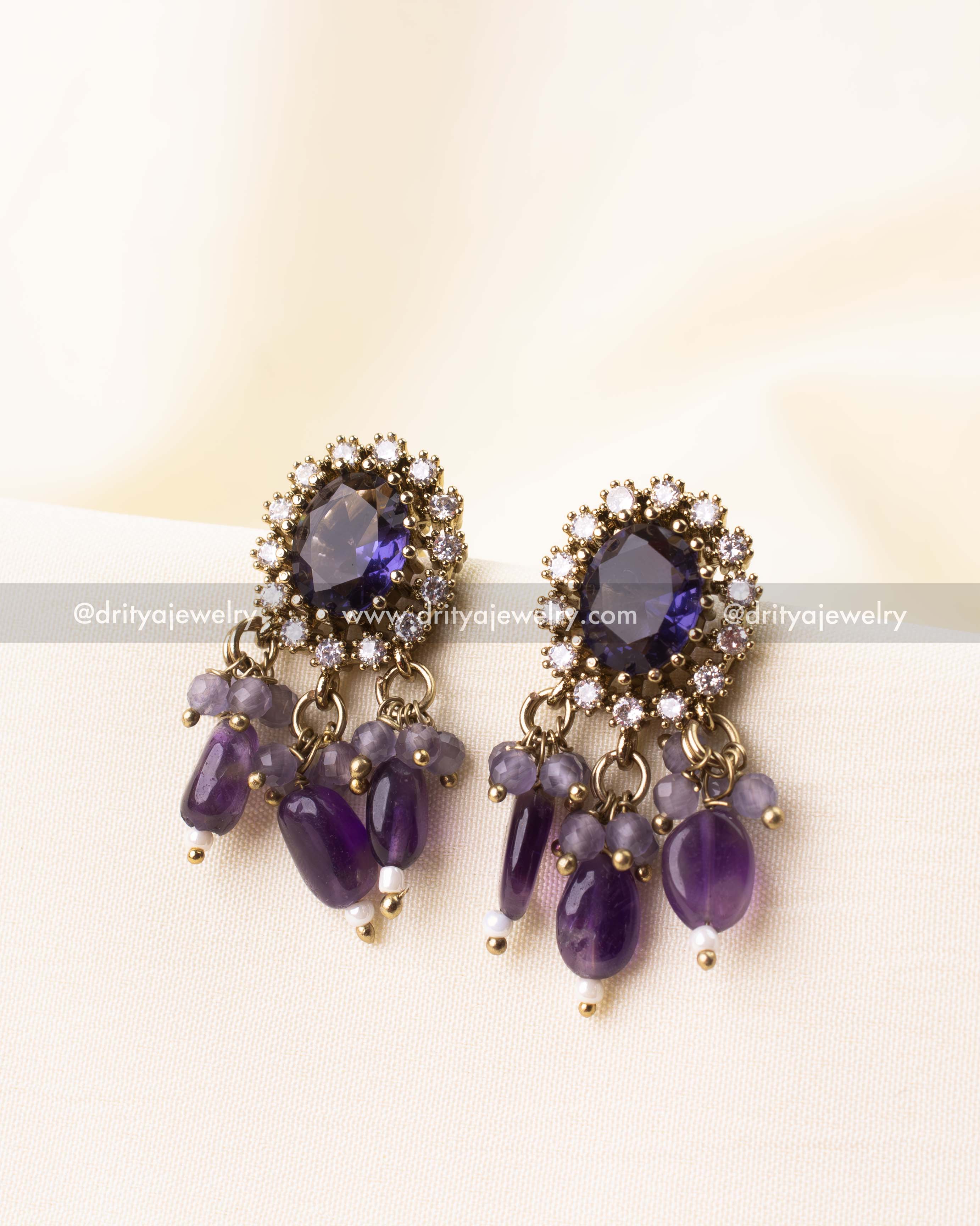 Matching purple stone earrings with bead cluster danglers