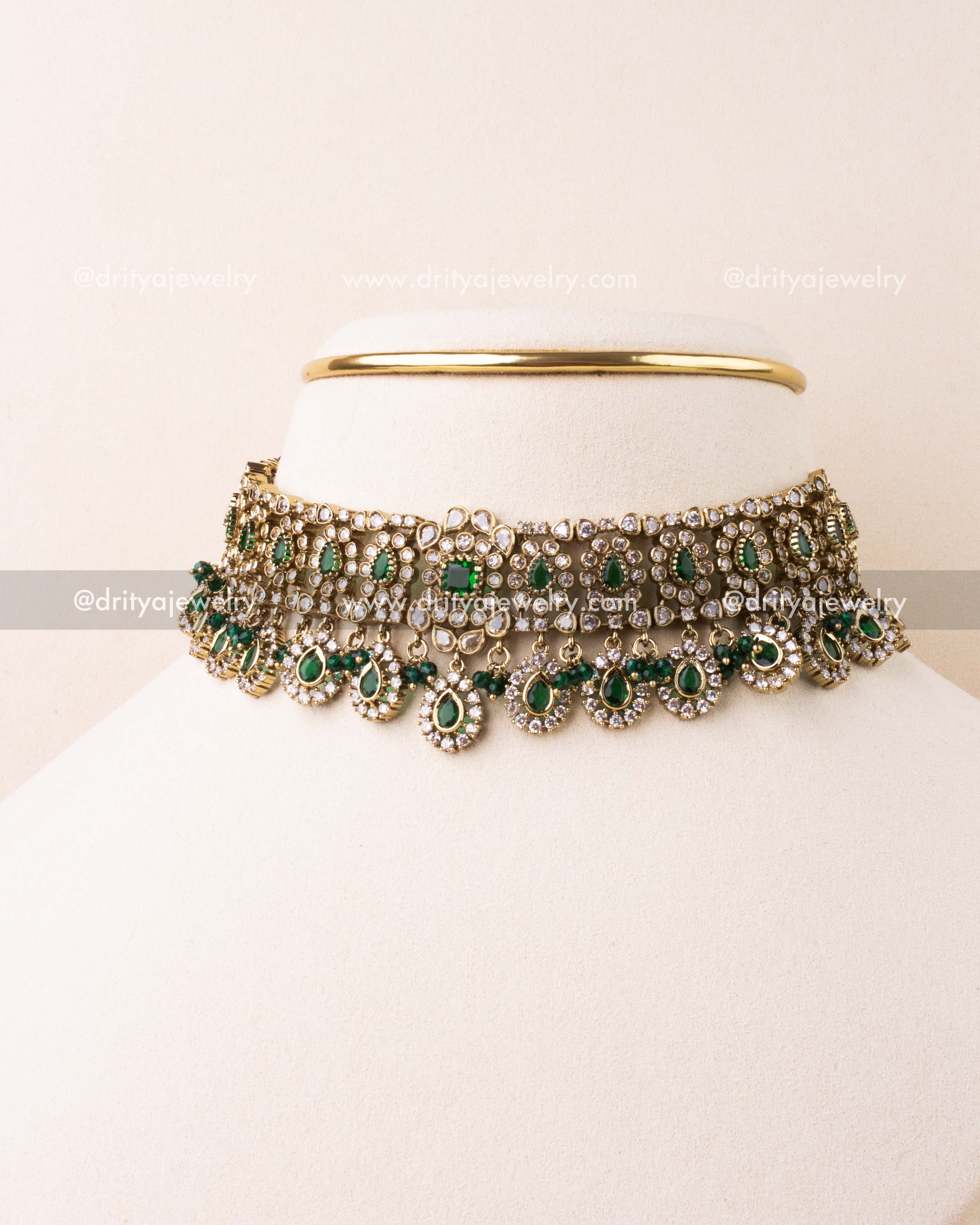 Green-stone Victorian choker necklace set with antique finish and matching earrings.