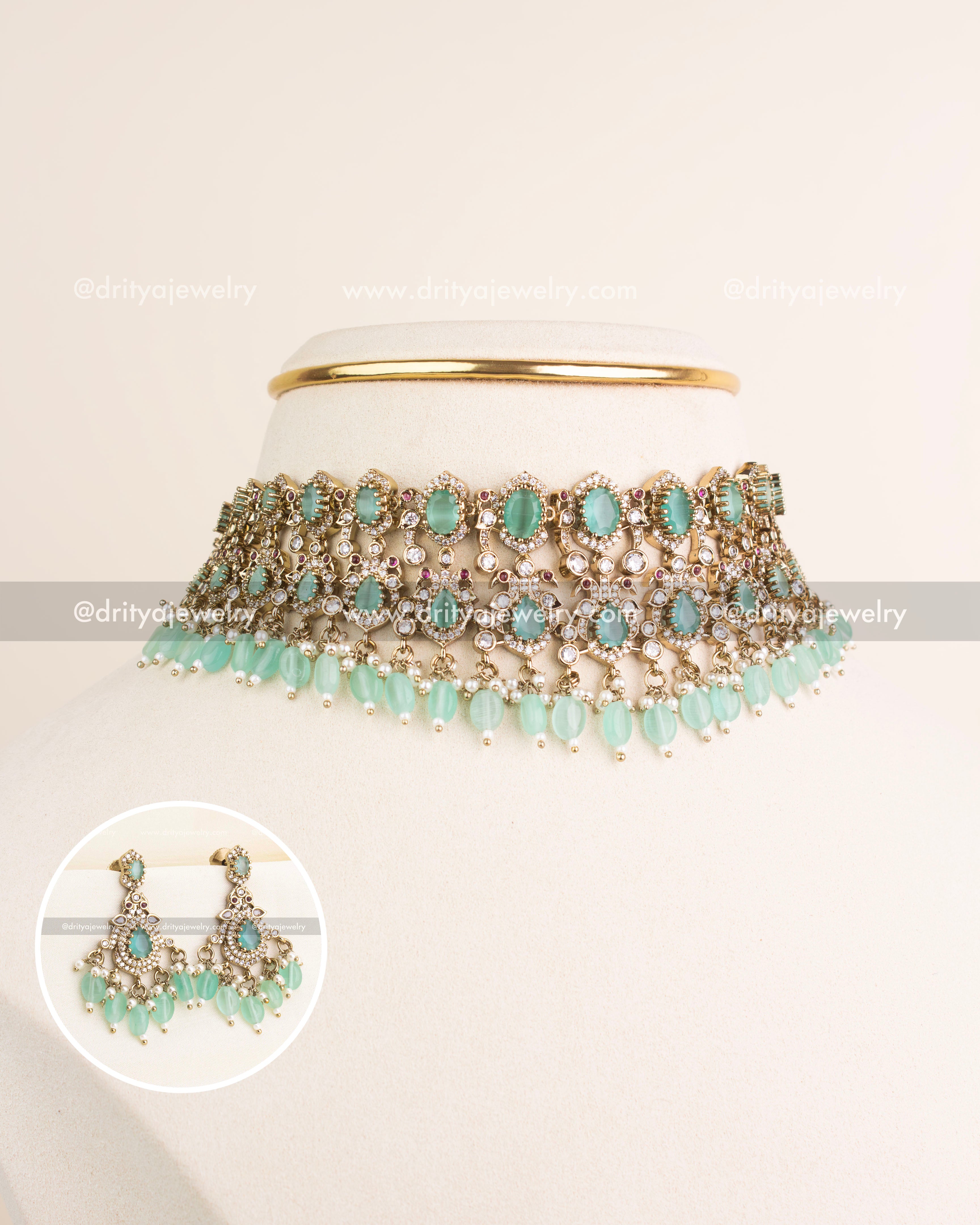 Premium Victorian choker necklace with mint green stones, CZ detailing, and bead drops.