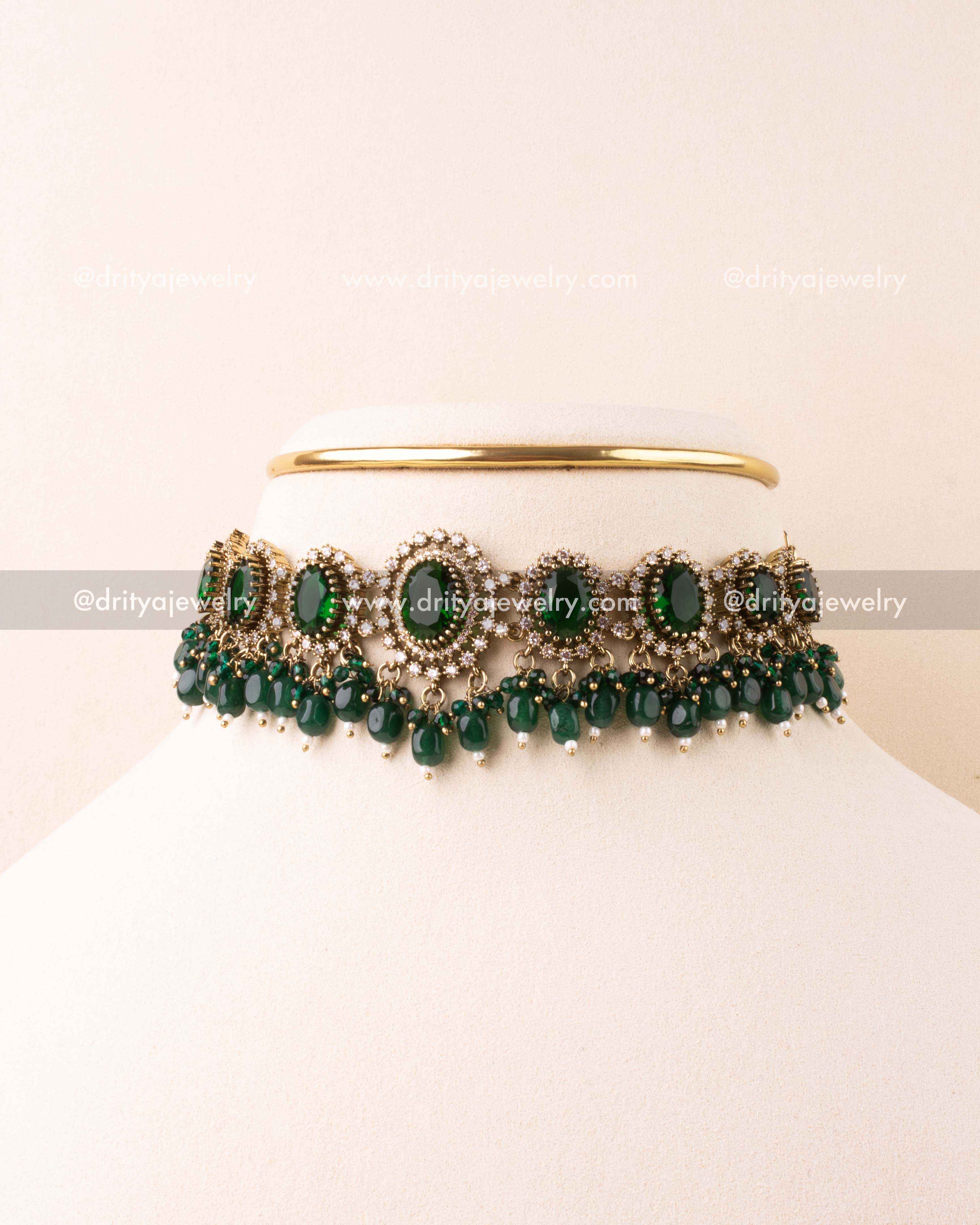 Emerald green Victorian choker with diamond accents and matching earrings