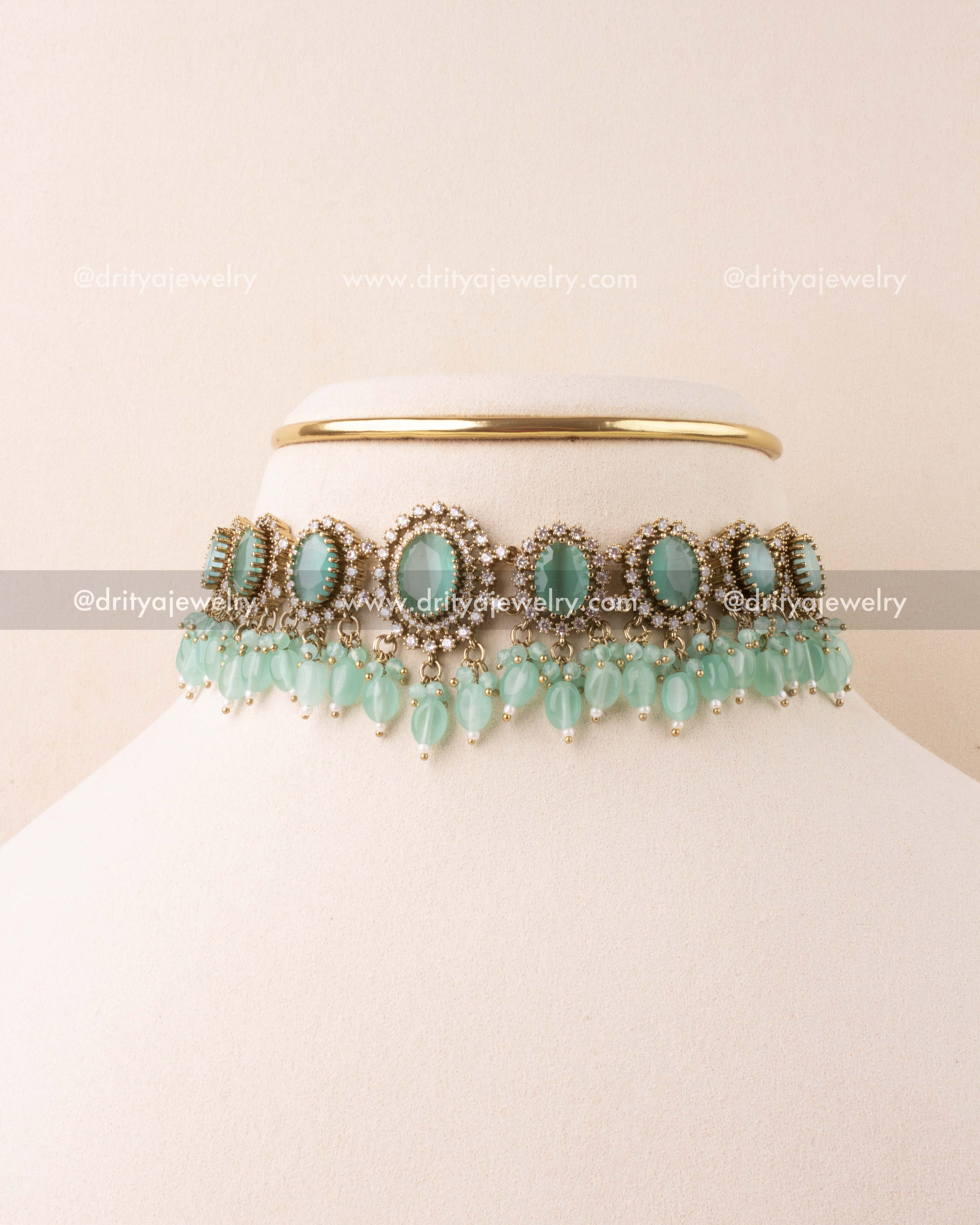 Mint green choker with soft bead danglers and Victorian finish