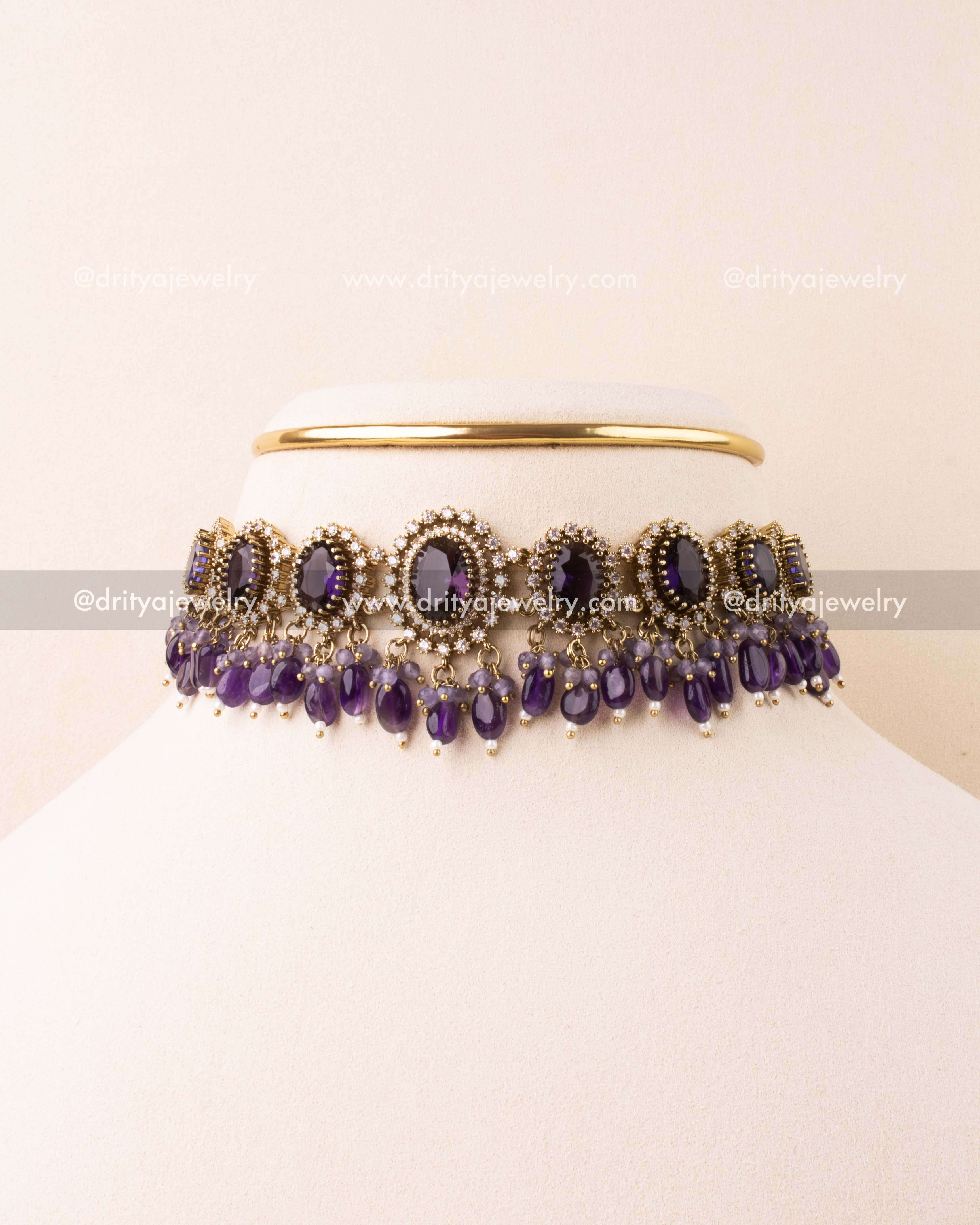 Choker set with purple gems and Victorian-inspired beaded design