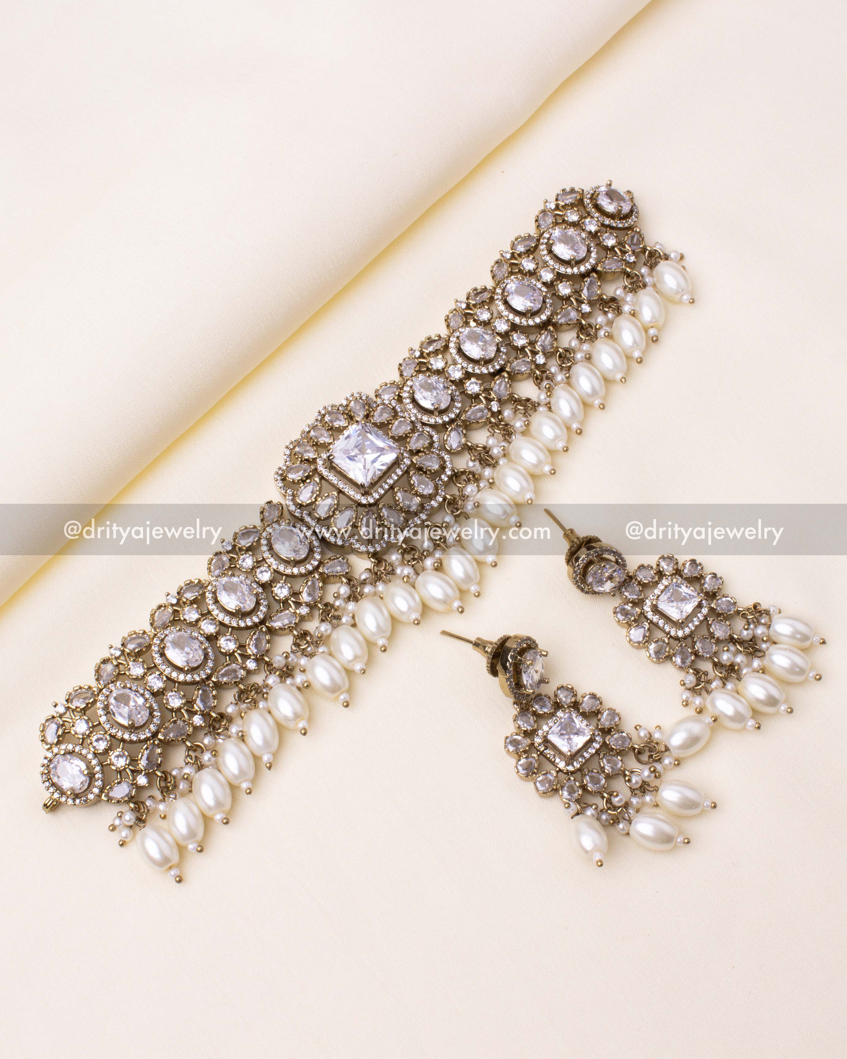Elegant Victorian-style choker set featuring cubic zirconia stones and pearl droplets.