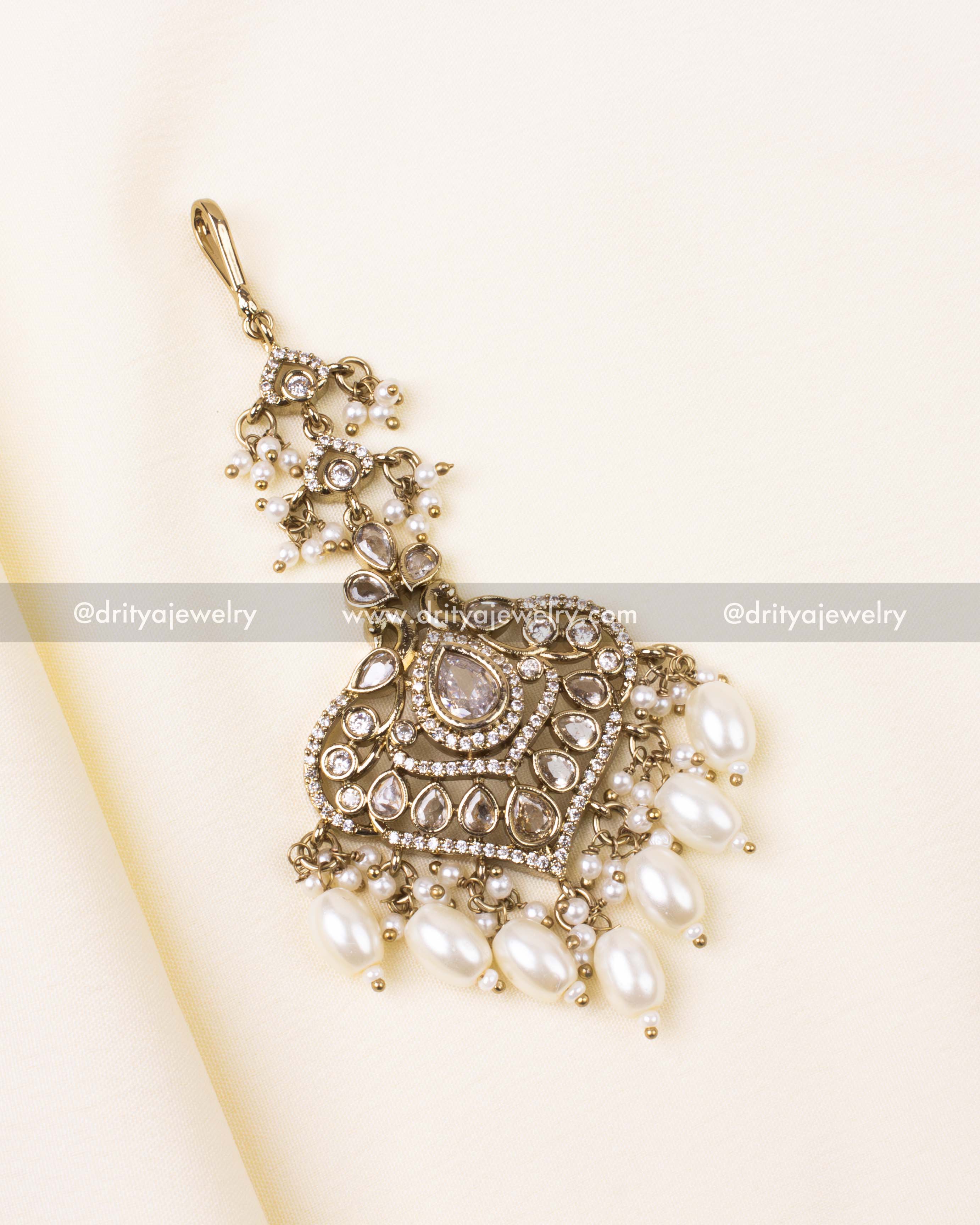 Vintage-style Maang Tikka with white pearls and diamond replica stones.