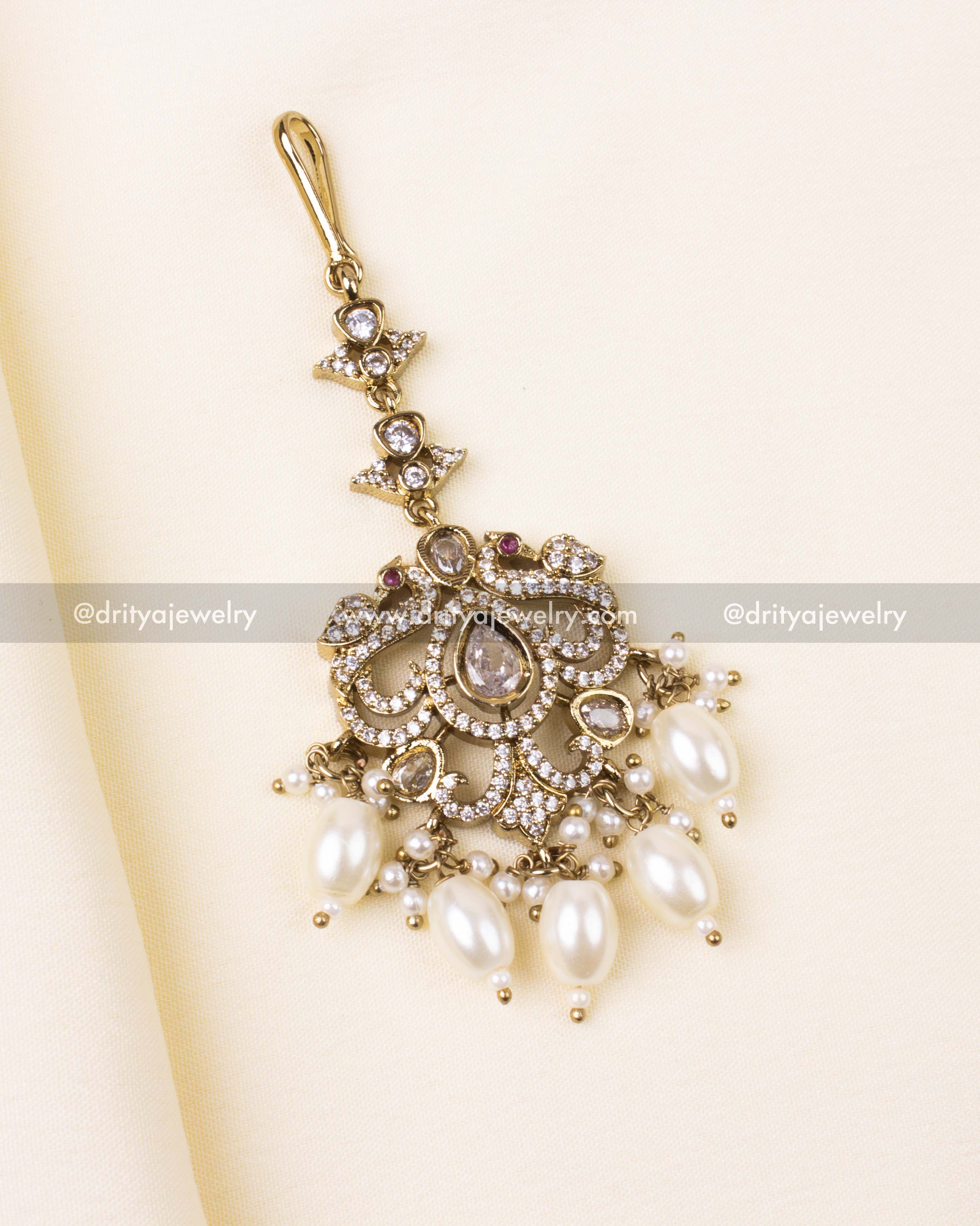 Victorian Maang Tikka with Diamond White Stones and Pearls