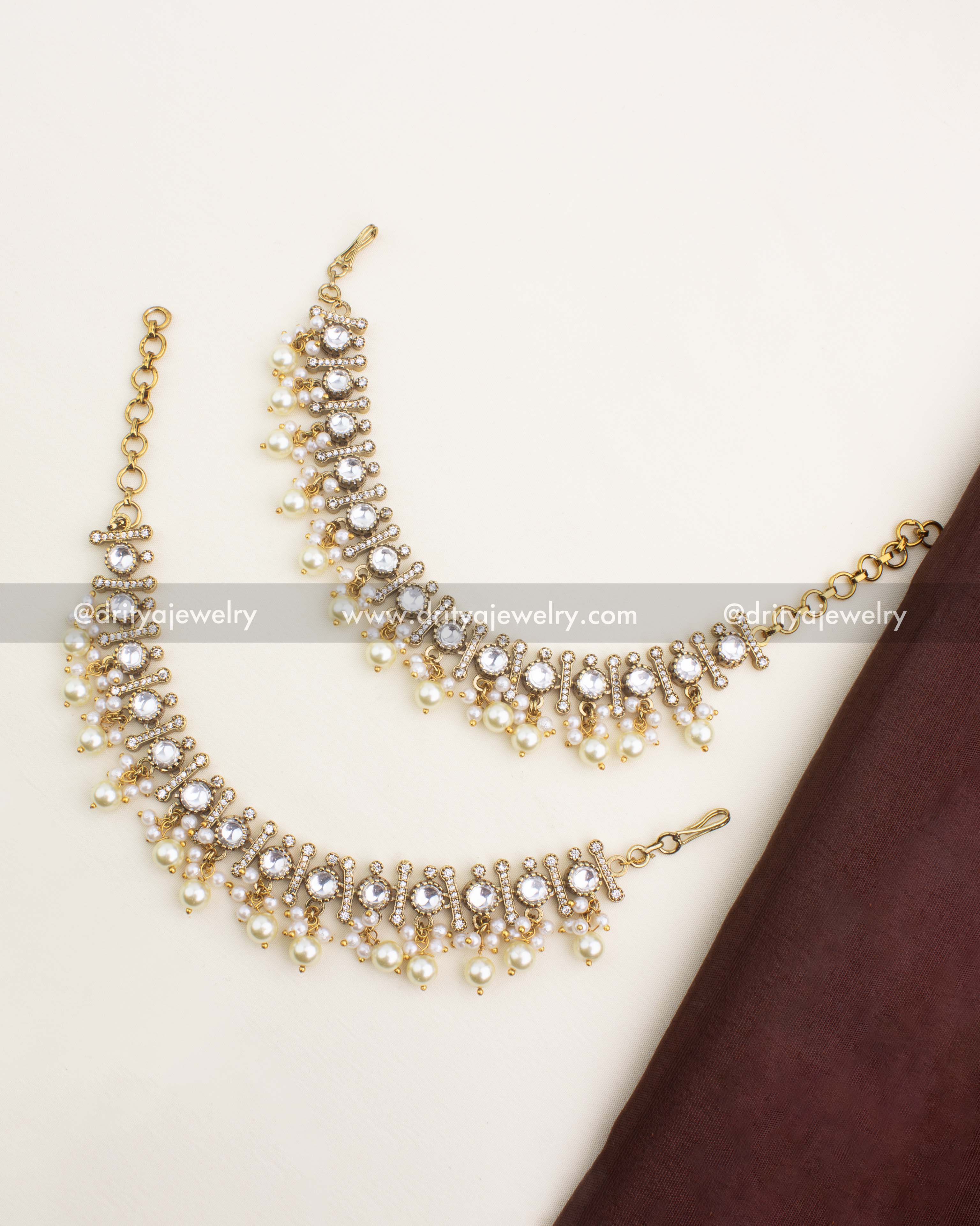 Premium Victorian-finish Polki Kundan ear chains with pearl drops and CZ details from Dritya Jewelry.