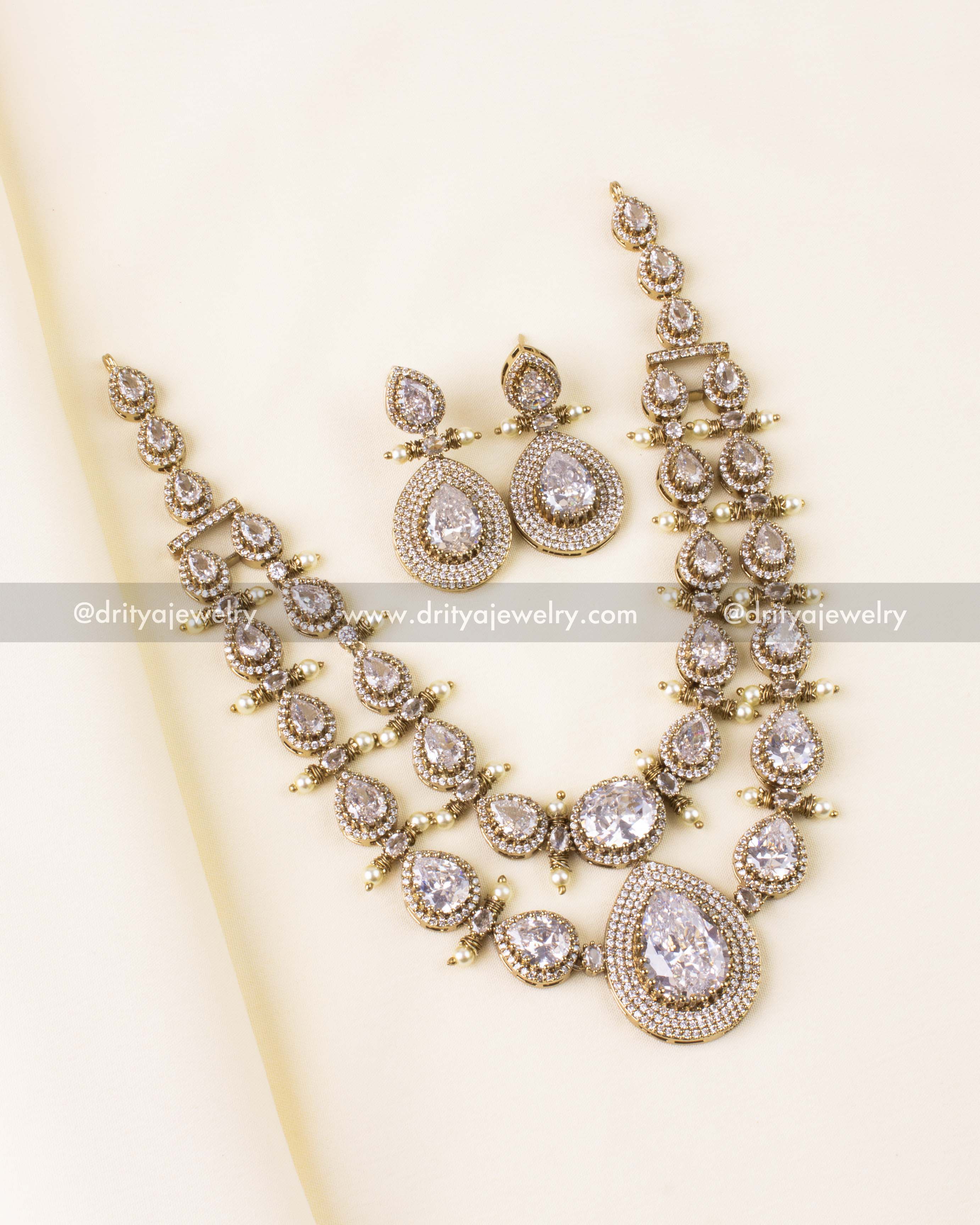 Premium Victorian short necklace set featuring CZ teardrop stones in a double-layered design.