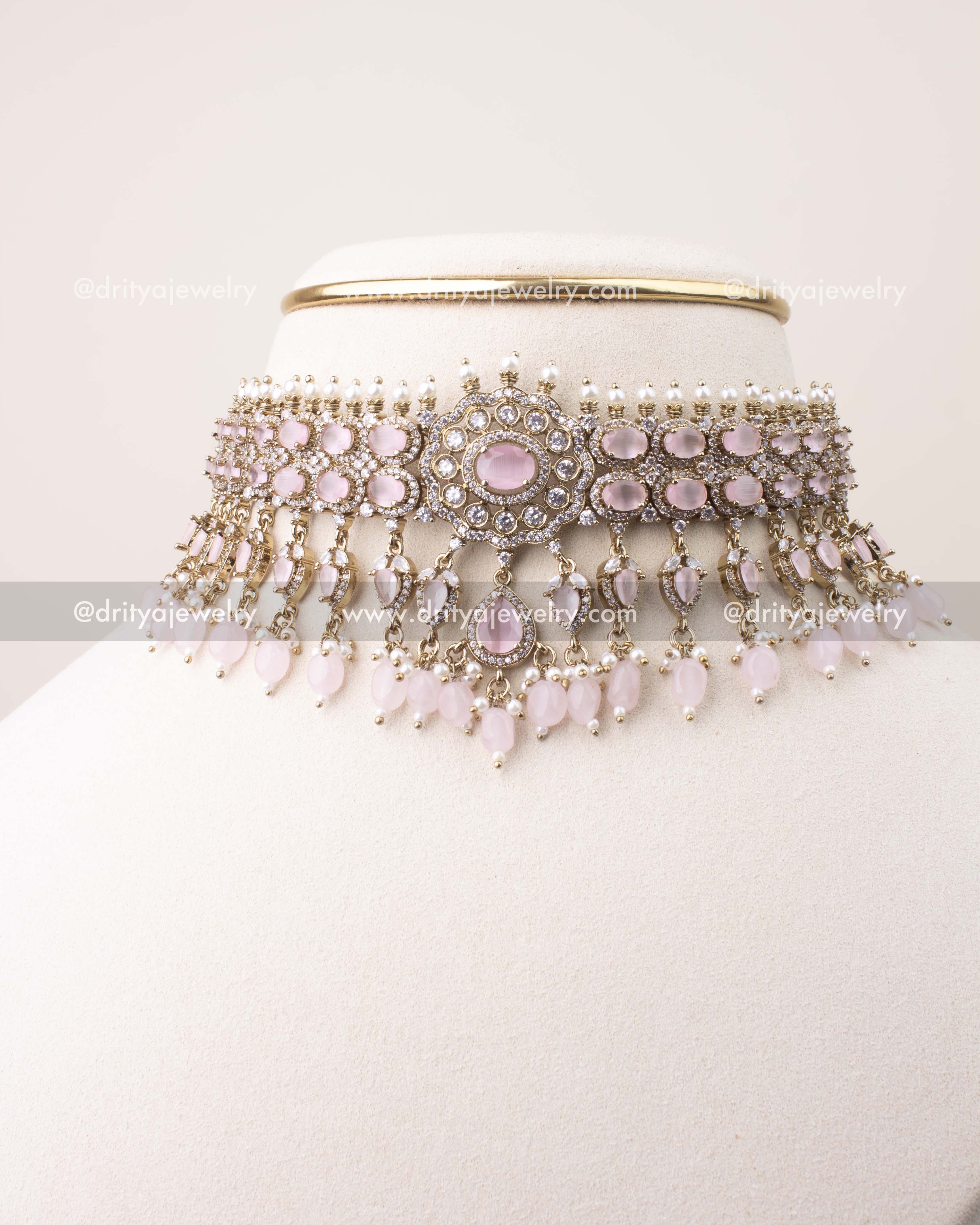 Premium Victorian choker set in blush pink stones with pearl drops and Victorian gold finish