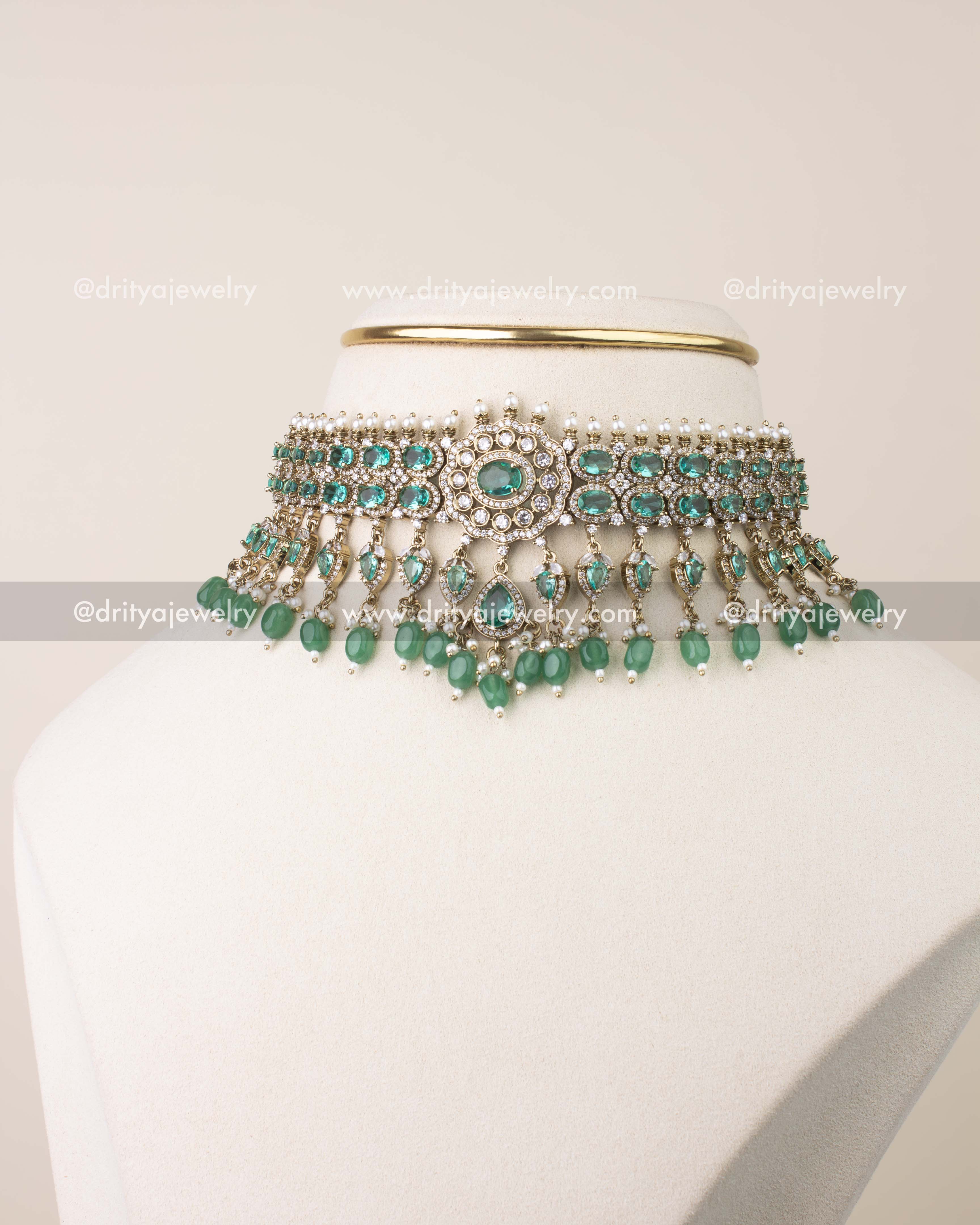 Victorian choker necklace set with Russian emerald stones, pearl detailing, and emerald bead drops