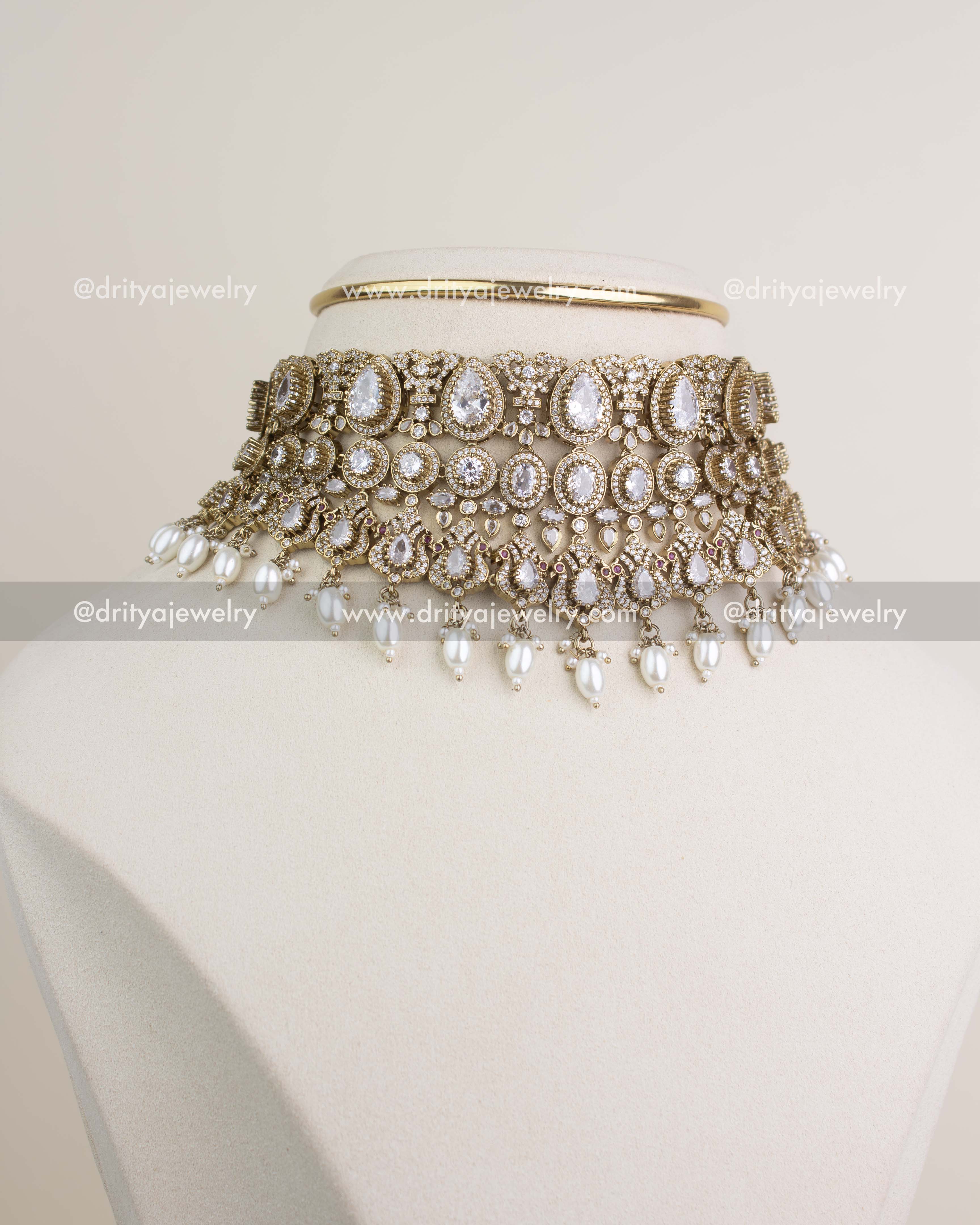 Premium Victorian bridal choker set in Russian emerald with multi-layer detailing, AD stones, and bead droplets.