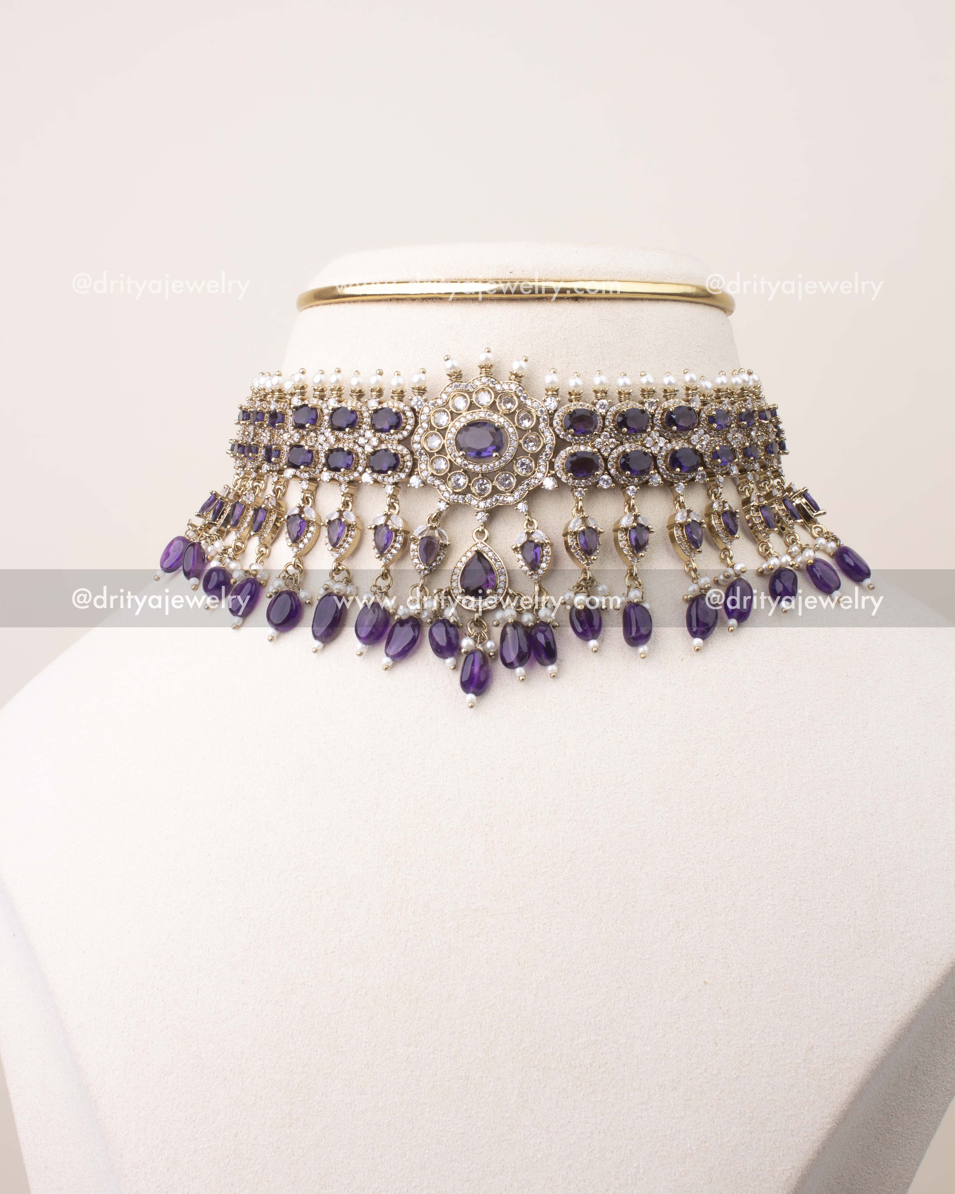 Premium Victorian choker set with purple stones, pearl drops, and Victorian gold finish