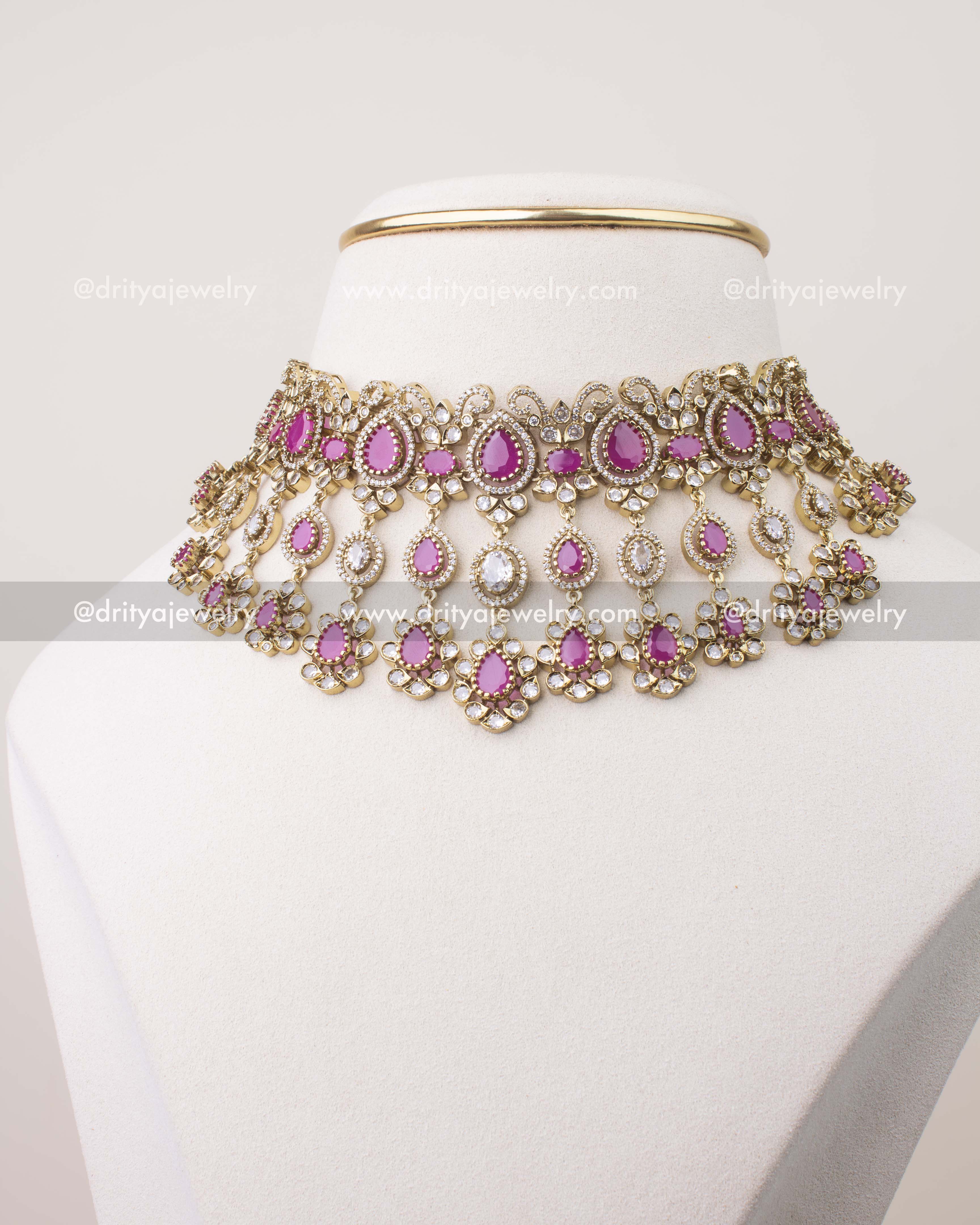 Premium Victorian choker necklace with ruby pink teardrop stones and CZ embellishments