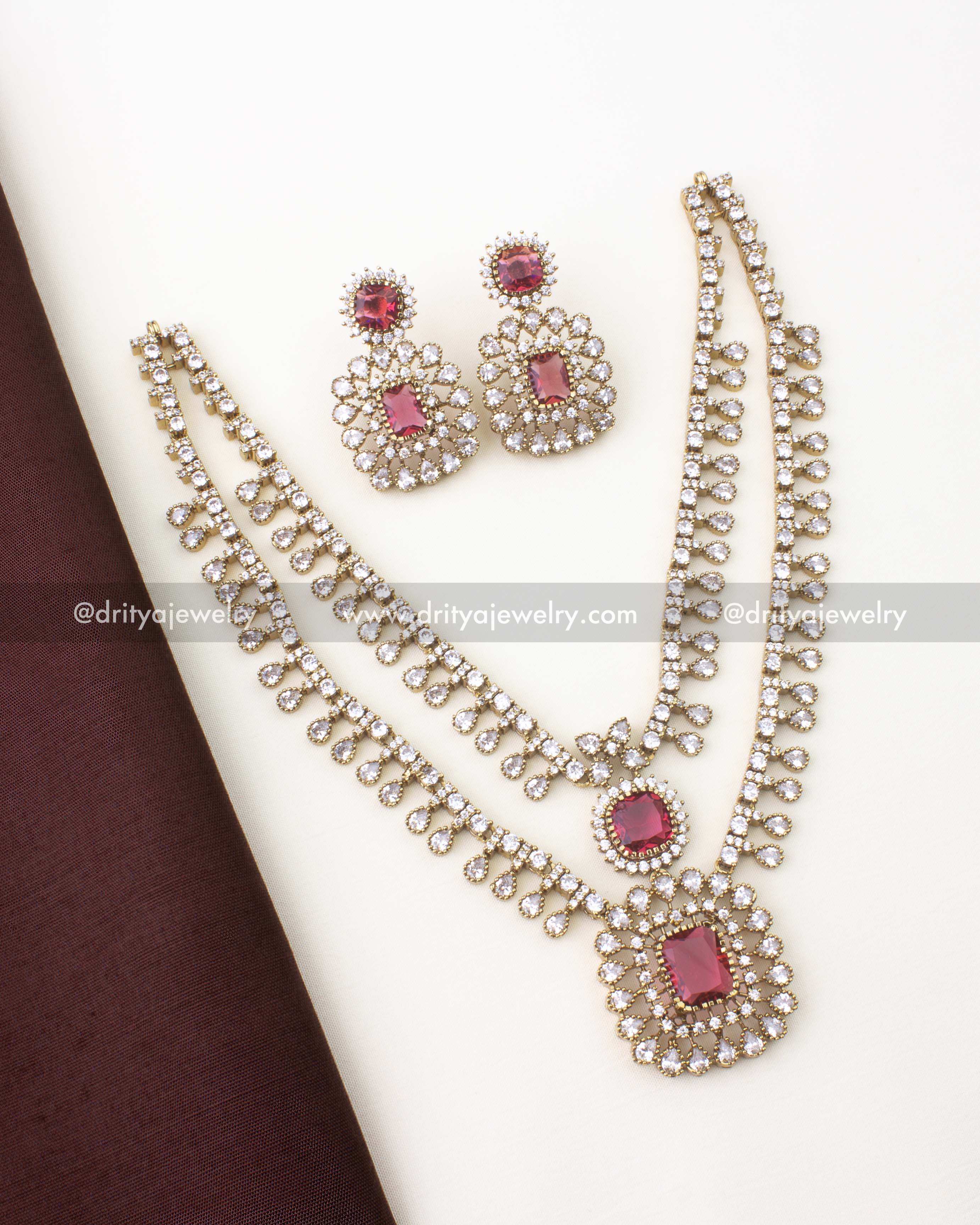 Premium Victorian necklace set with ruby red stones and matching earrings