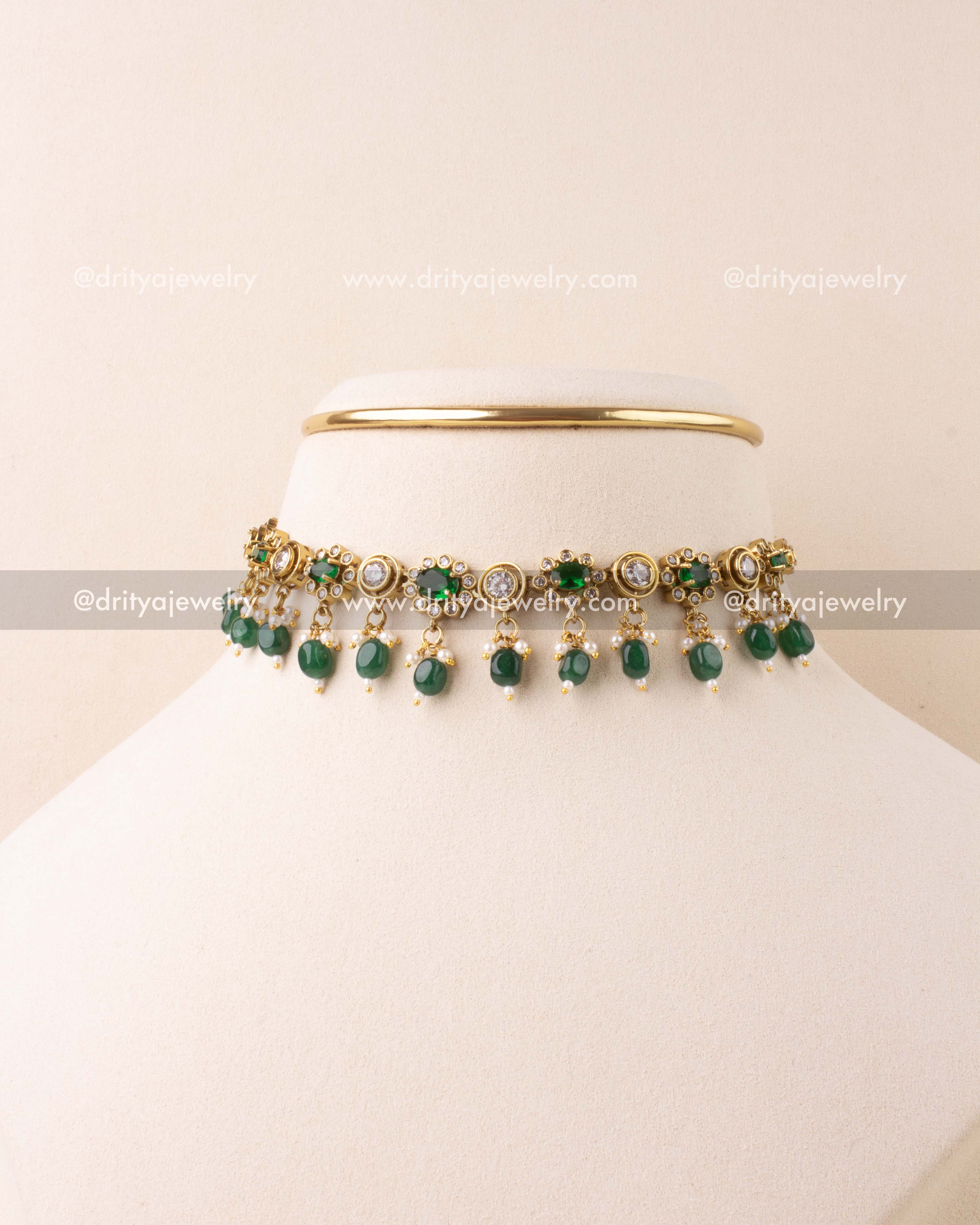Emerald green necklace with antique Victorian finish and green bead danglers.