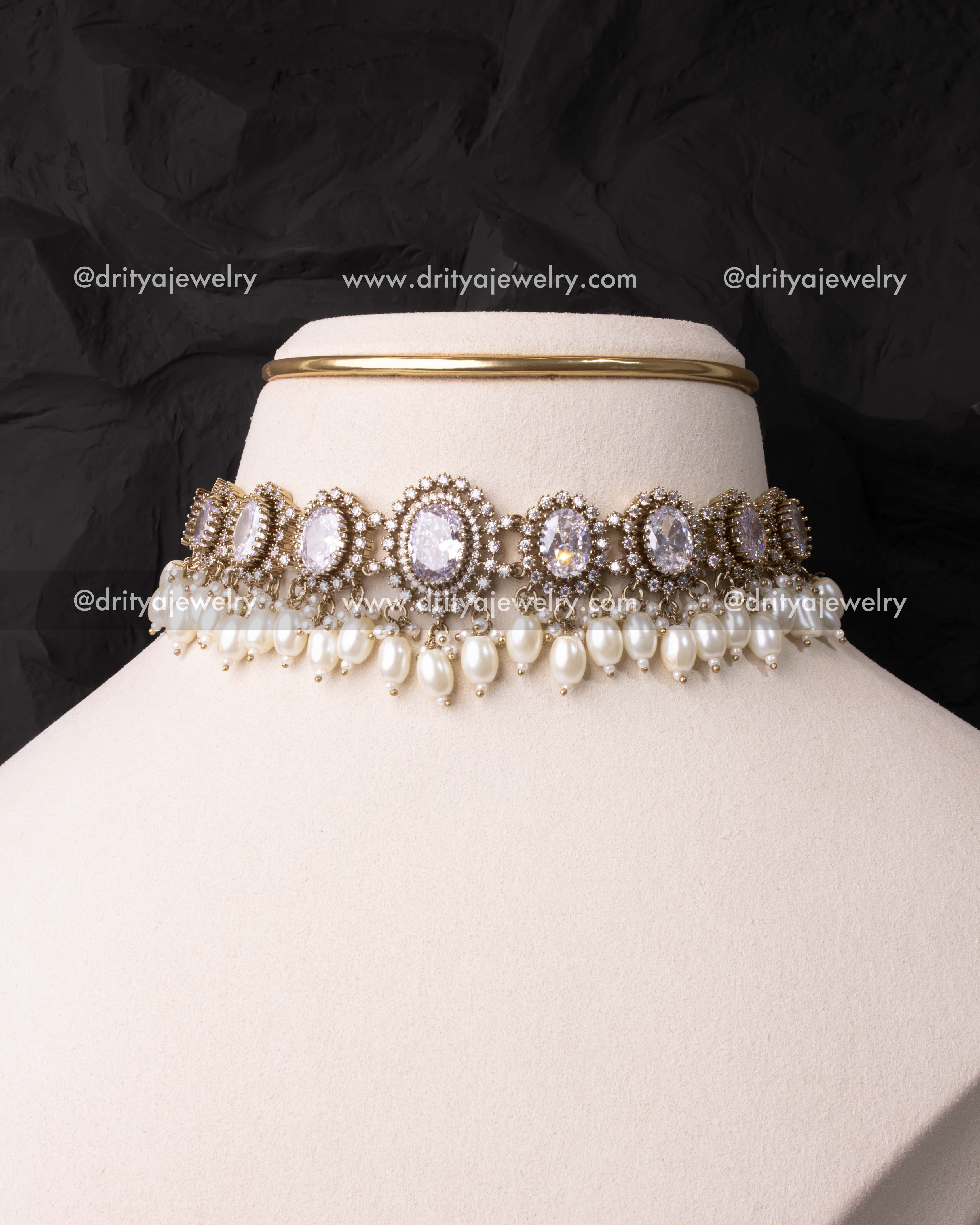 Victorian-style choker with white stones and pearl drops