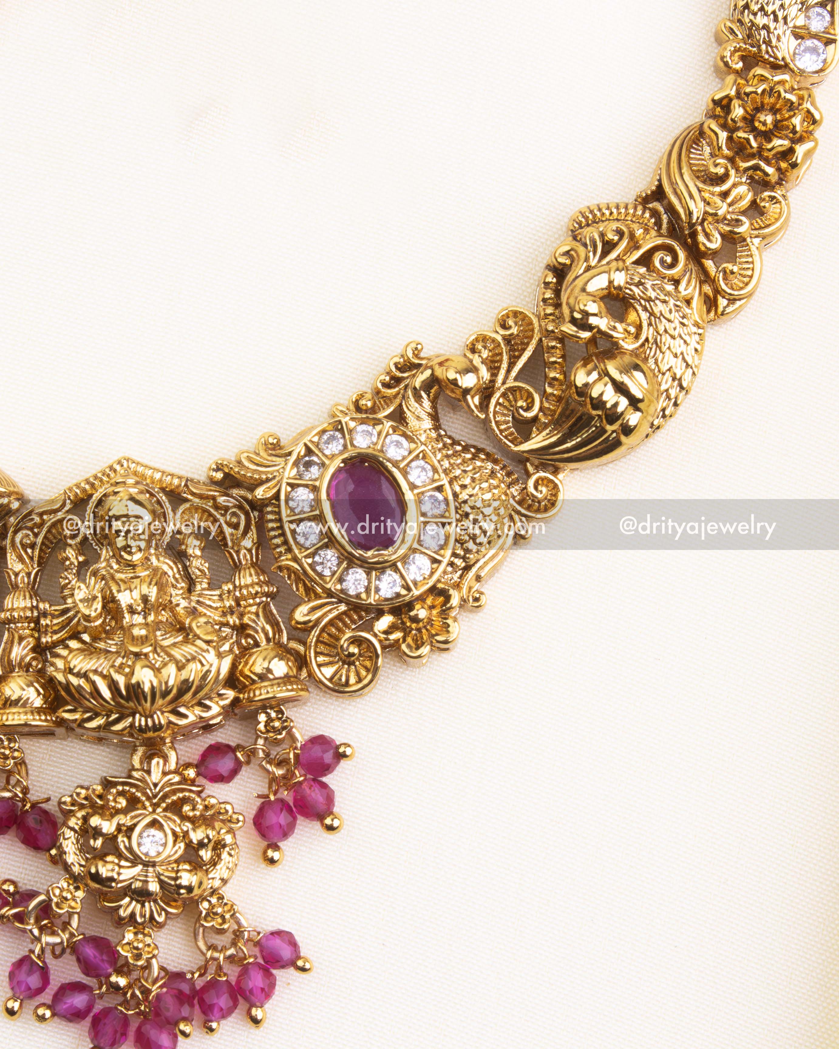 Premium Nakshi Temple Short Necklace with Ruby Red Beads