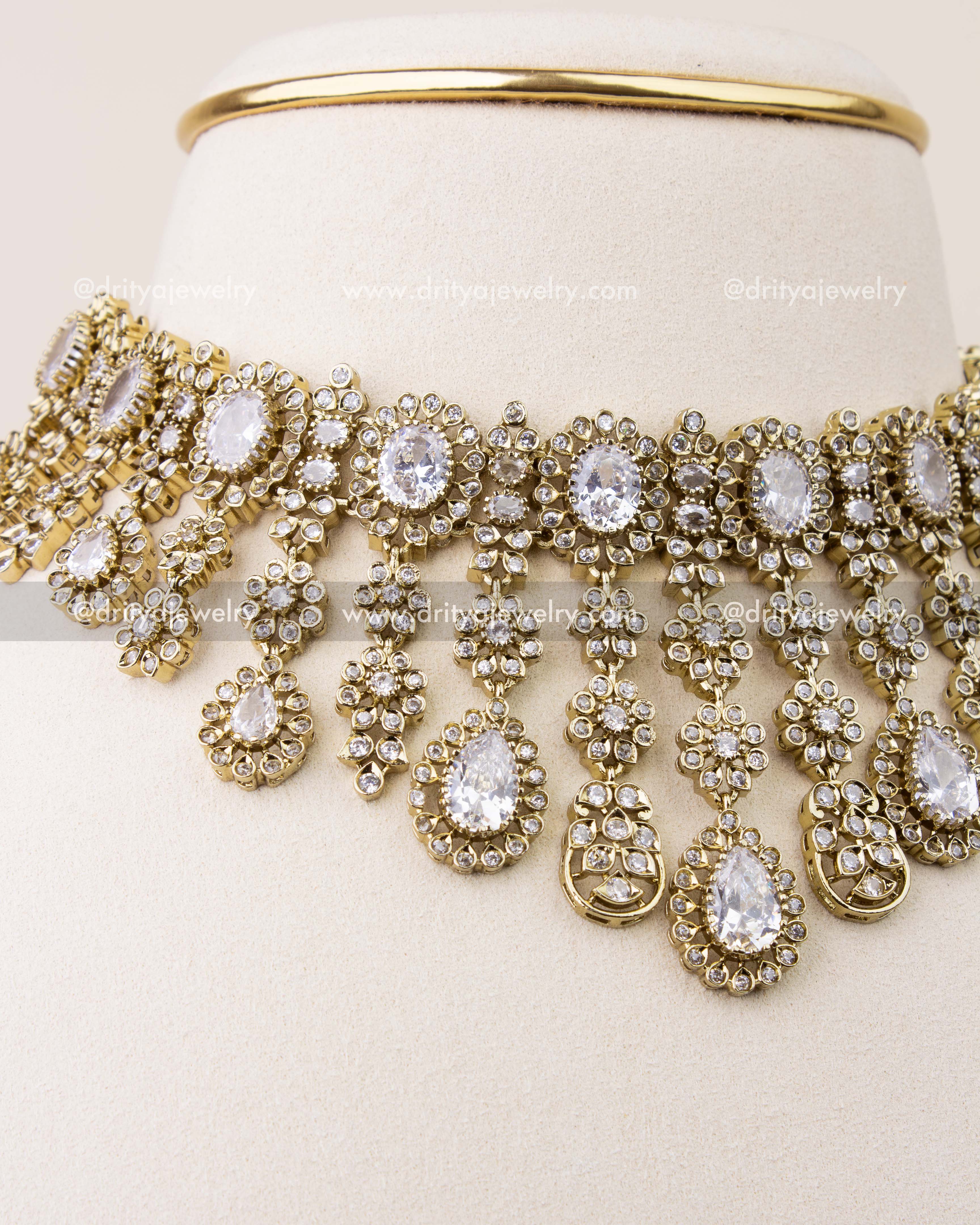 Close-up of diamond-like CZ stones in Victorian princess necklace