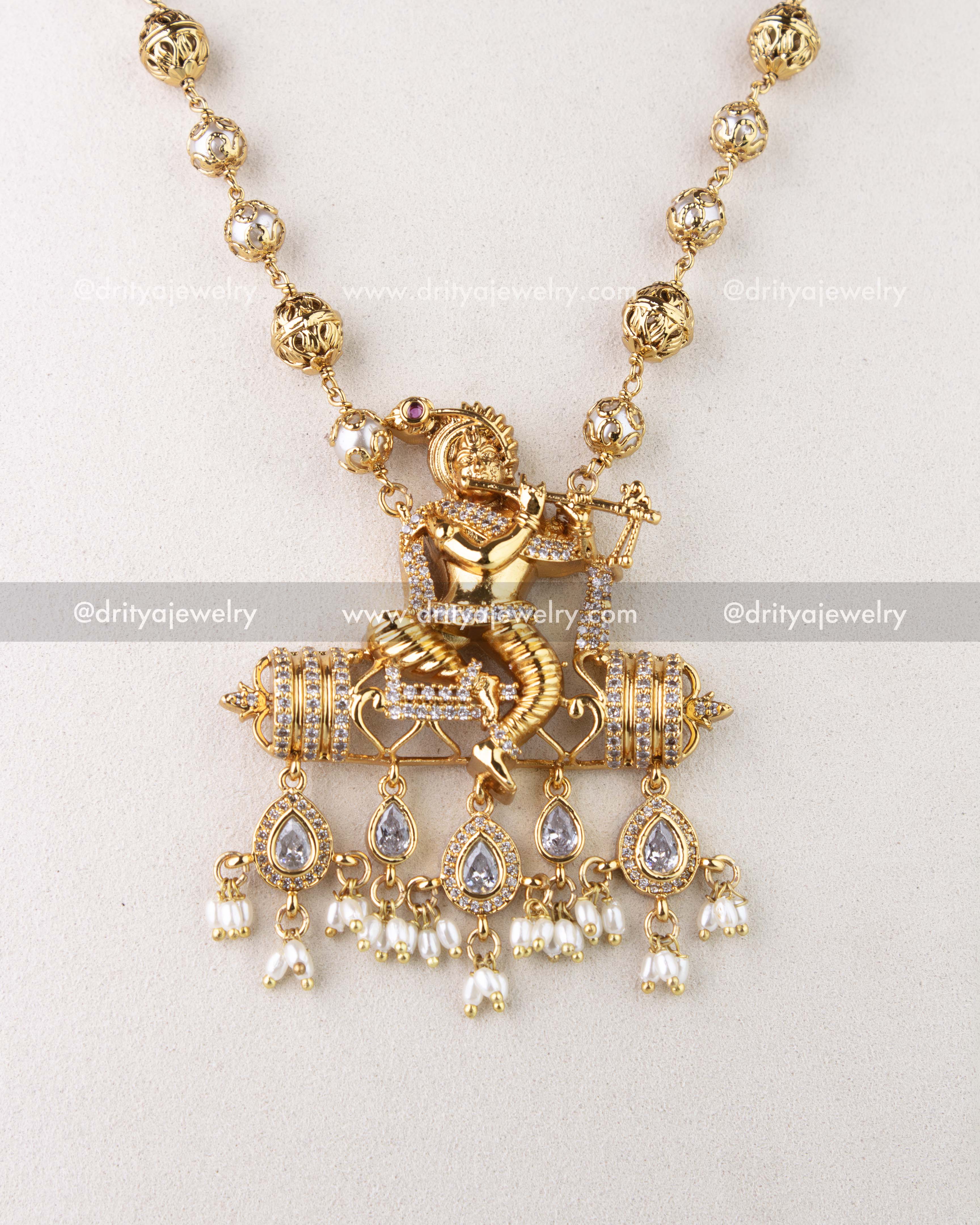 Premium Lord Krishna Pendant Necklace with CZ Accents and Pearl Drops