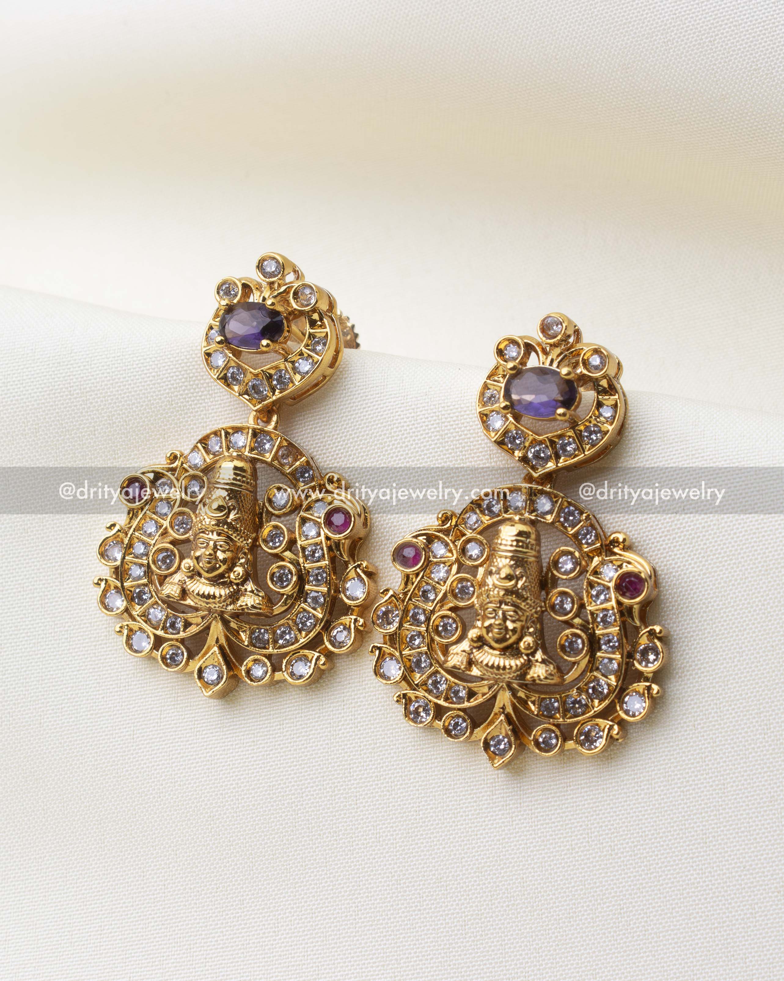 1223-PU Venkateswara purple CZ earrings front view