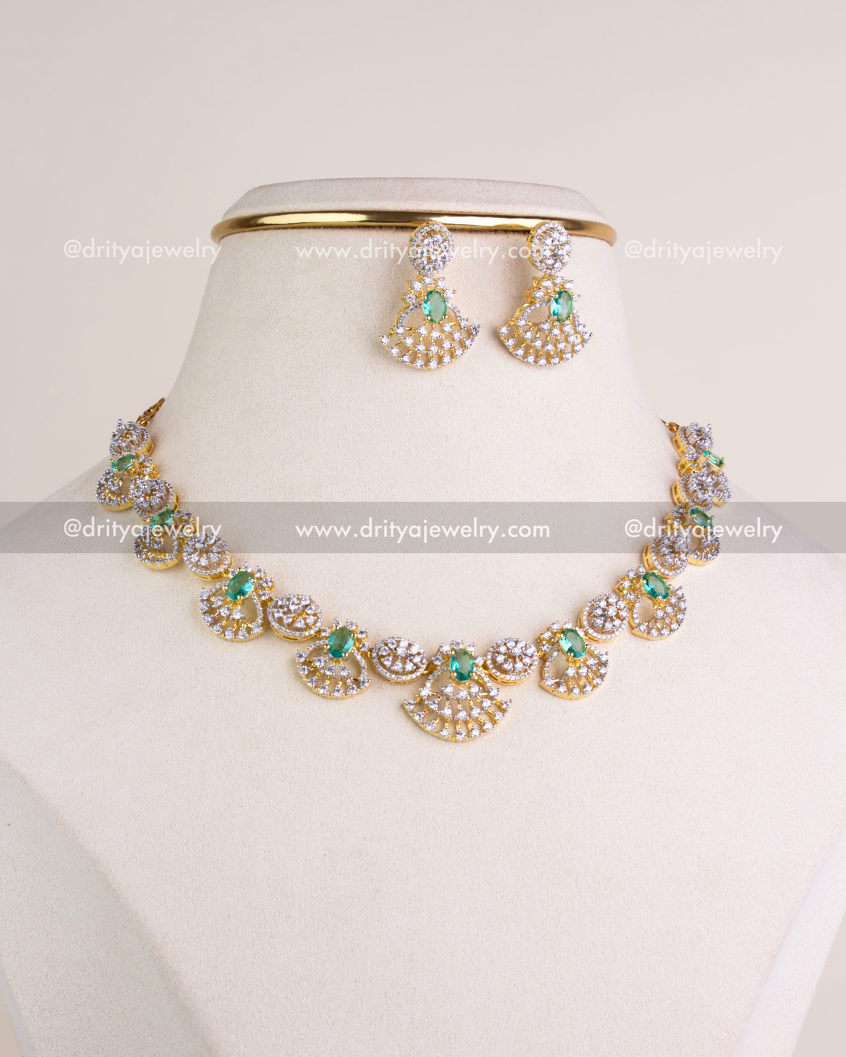 1211-RE complete premium CZ emerald short necklace set with earrings