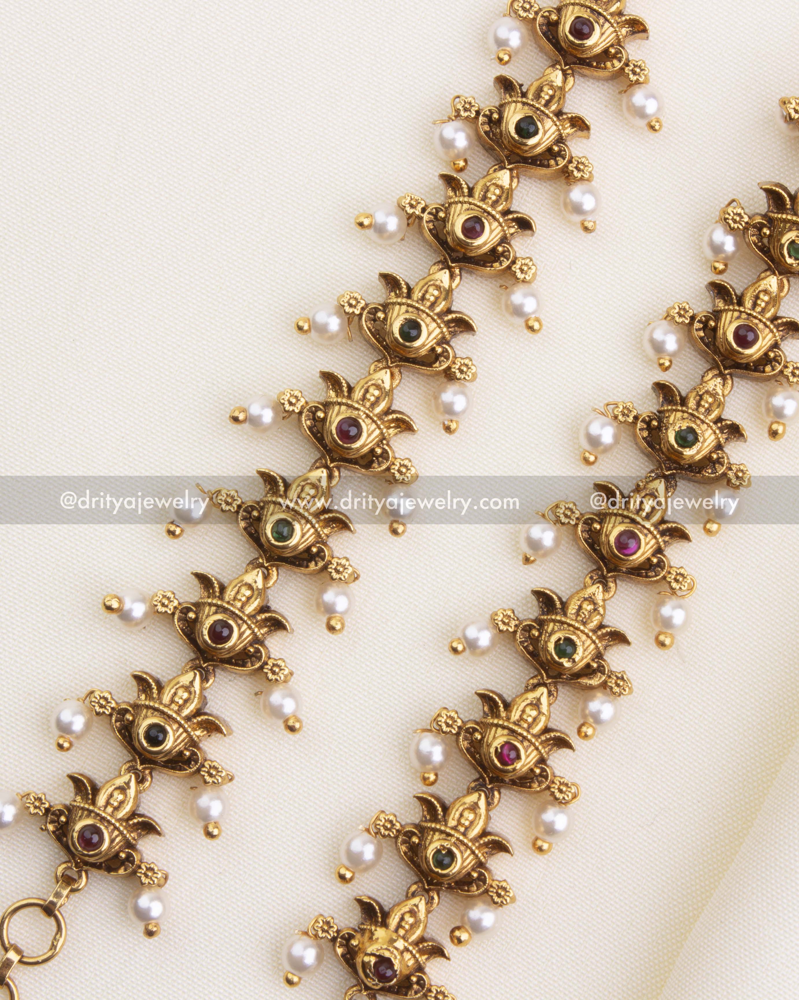 SKU 1182 antique bridal hair chain close-up showing floral motifs with coloured stones and pearl drops