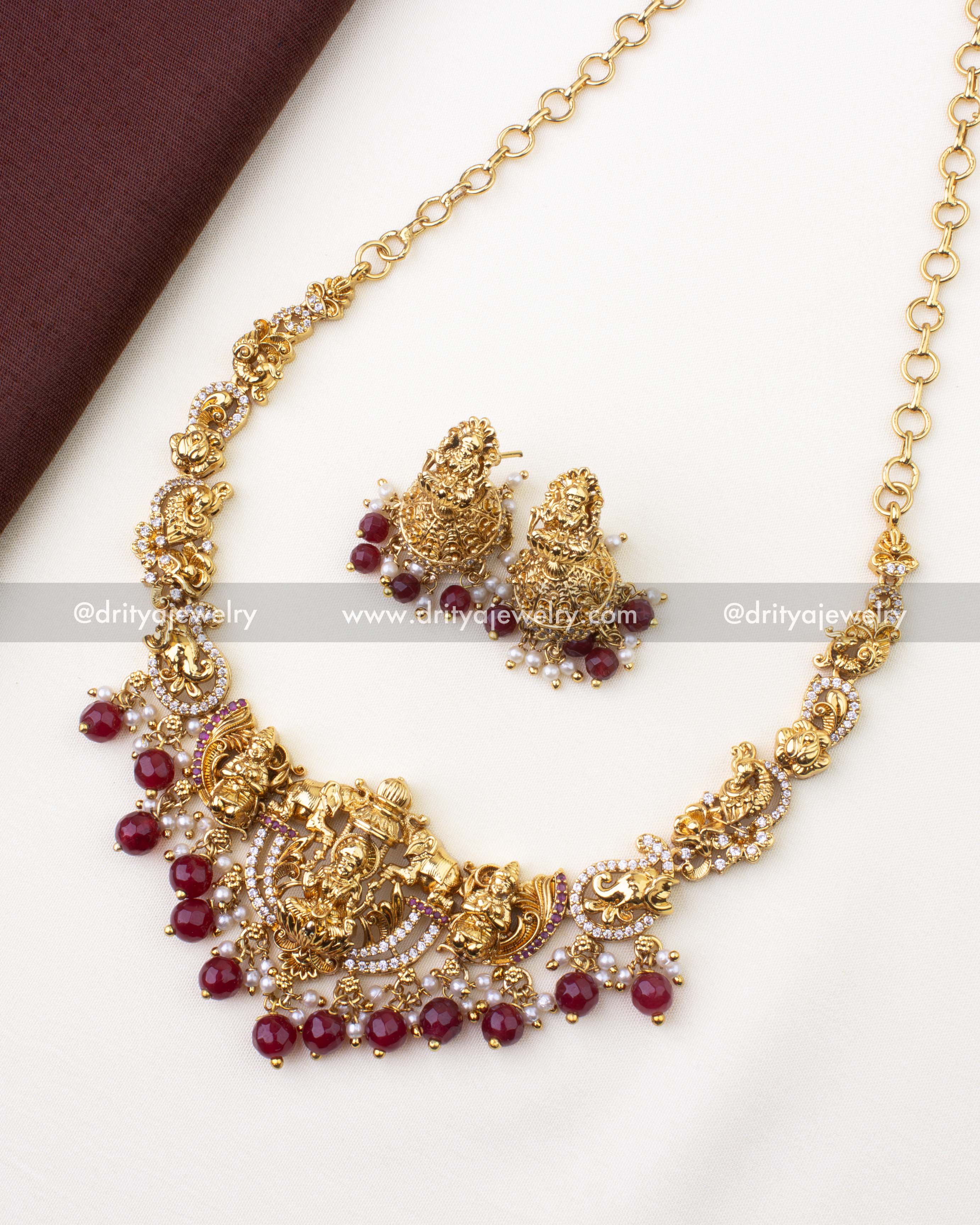 1101-R complete Lakshmi temple short necklace set with matching jhumka earrings