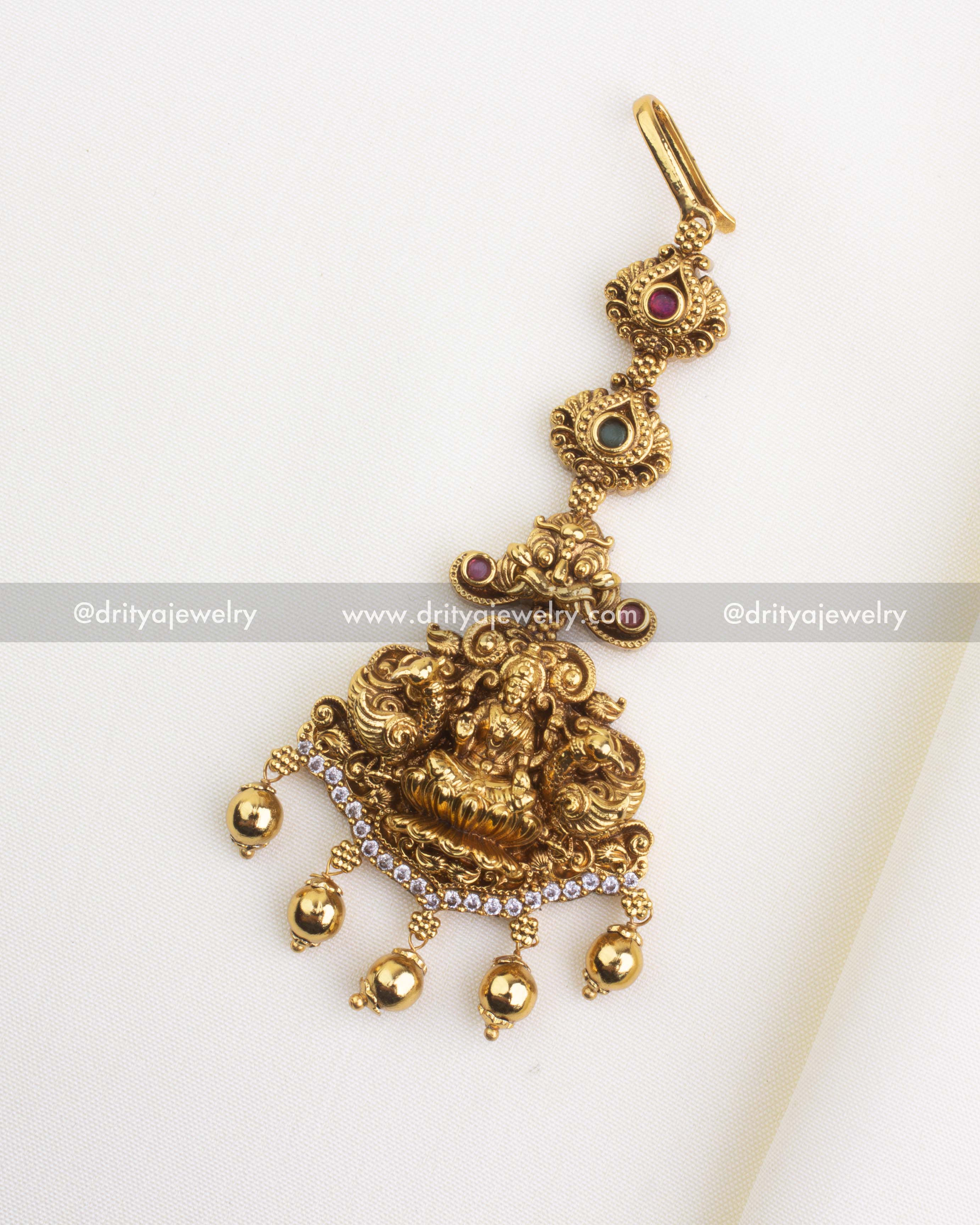 SKU 1148 maang tikka with god idol pendant and dangling gold-toned beads, full front view