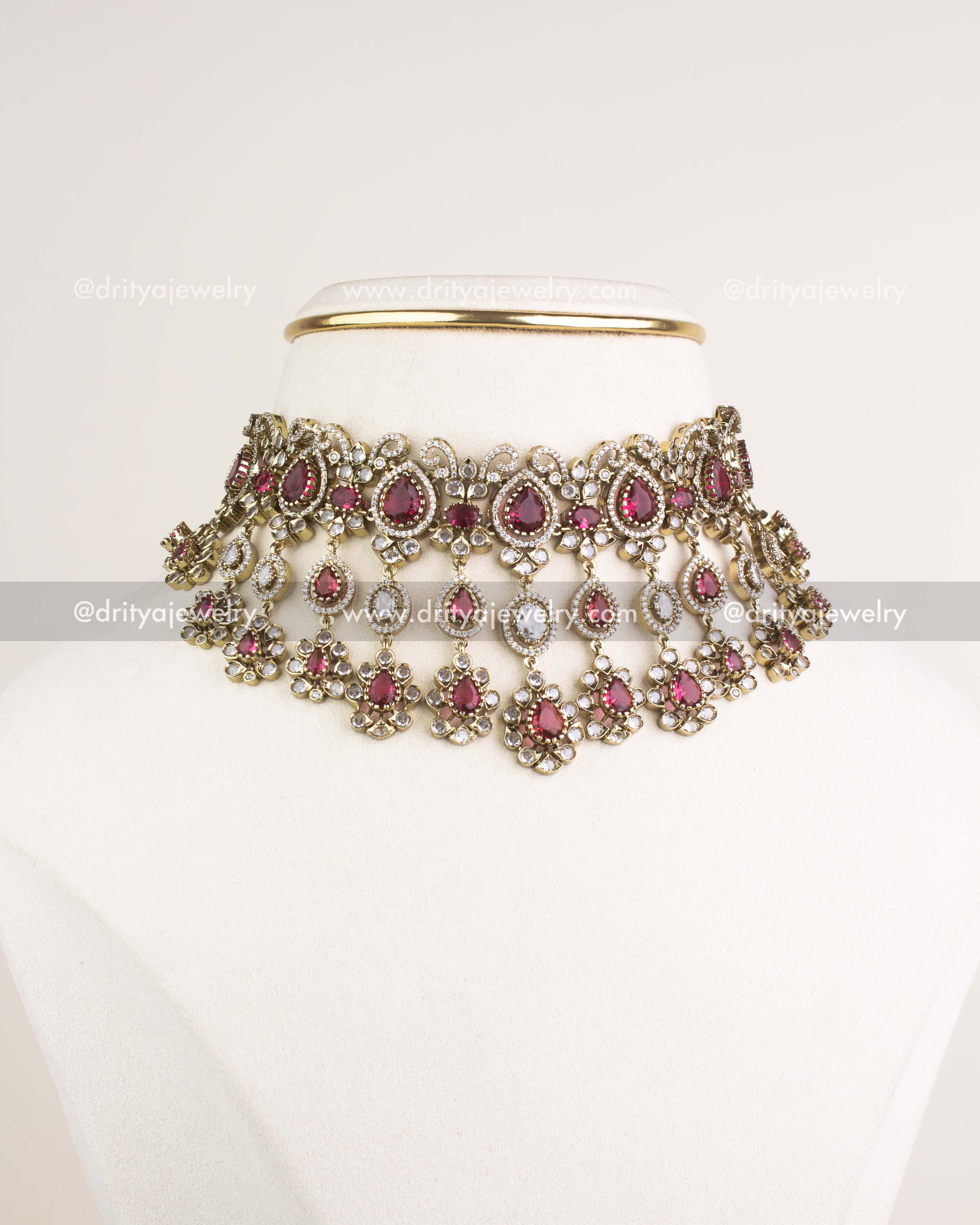 1096-R full view of premium Victorian red stone choker necklace