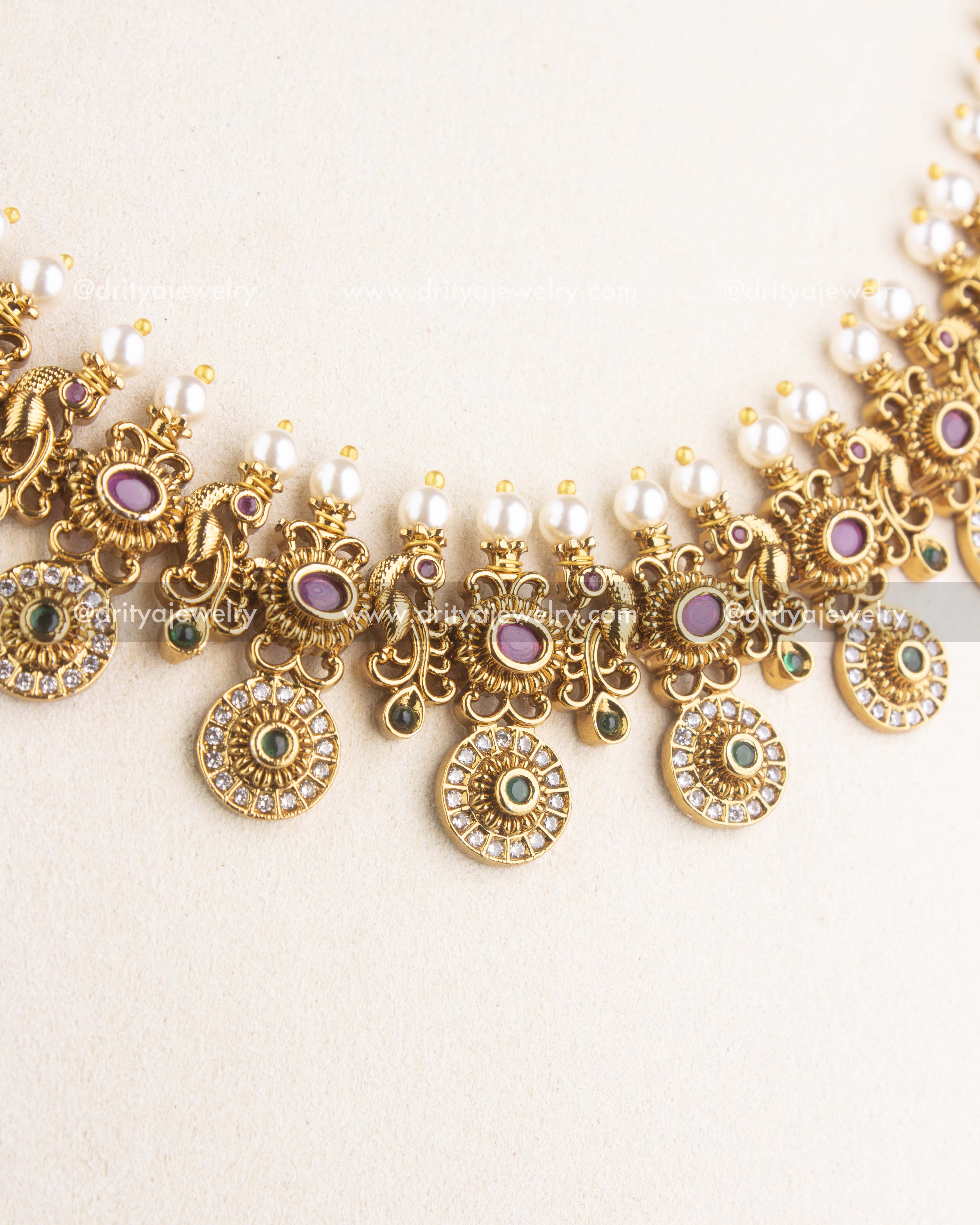 SKU 1159 Necklace Set close-up of antique bottu mala style necklace with pearl and stone detailing