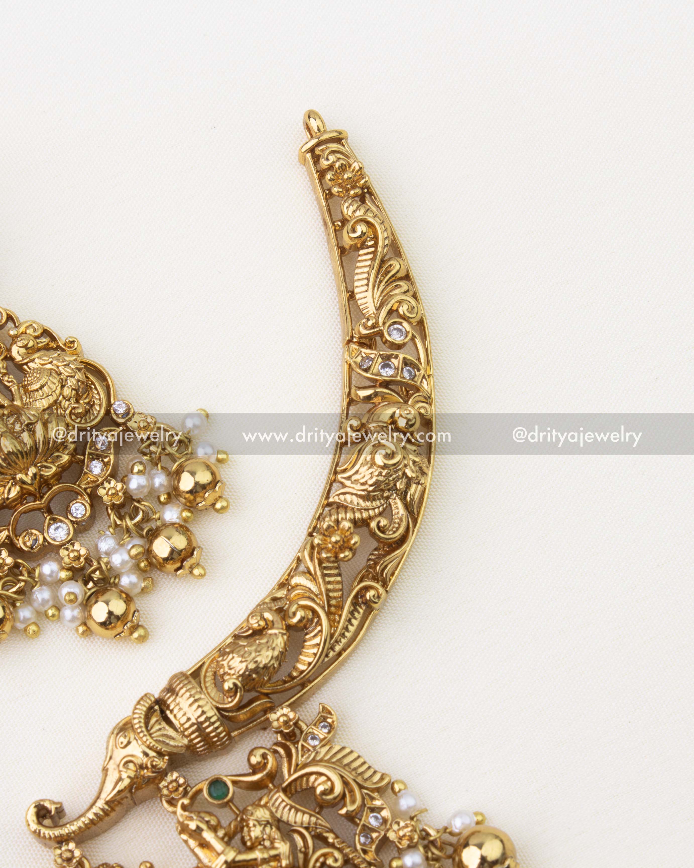1263-GO short necklace band showing ornate floral and bird nakshi detailing